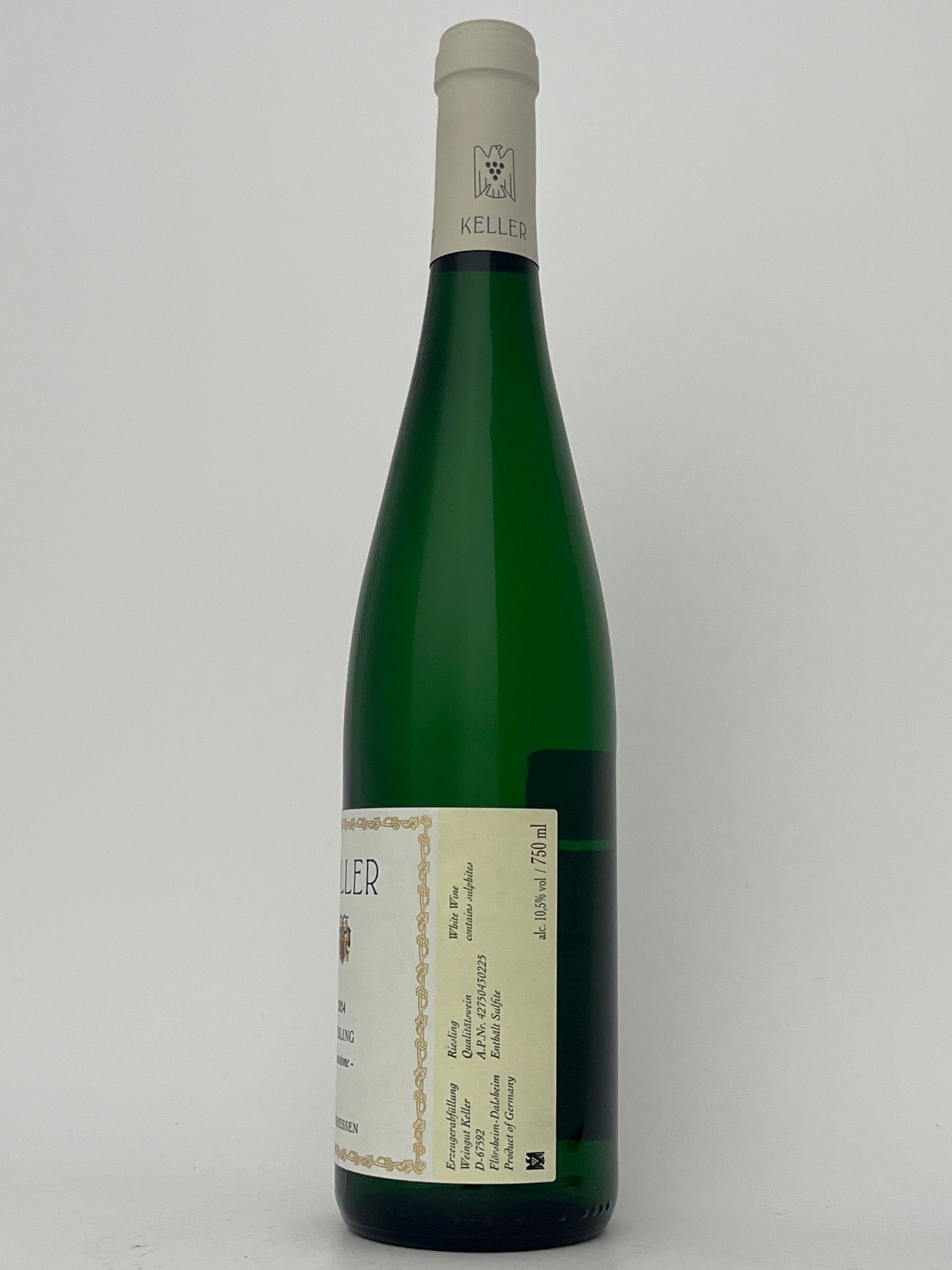 Side label of a bottle of Keller, Riesling, "Limestone," Rheinhessen, Germany 2024 in a white backround.