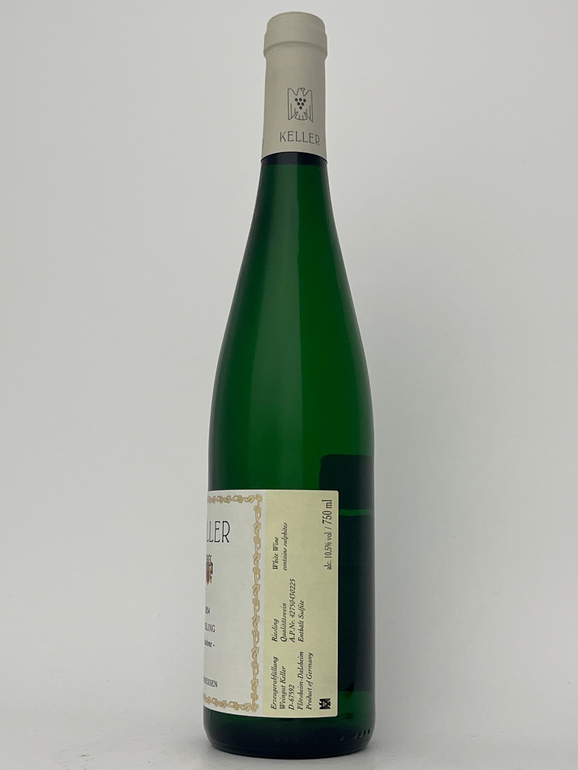 Side label of a bottle of Keller, Riesling, "Limestone," Rheinhessen, Germany 2024 in a white backround.