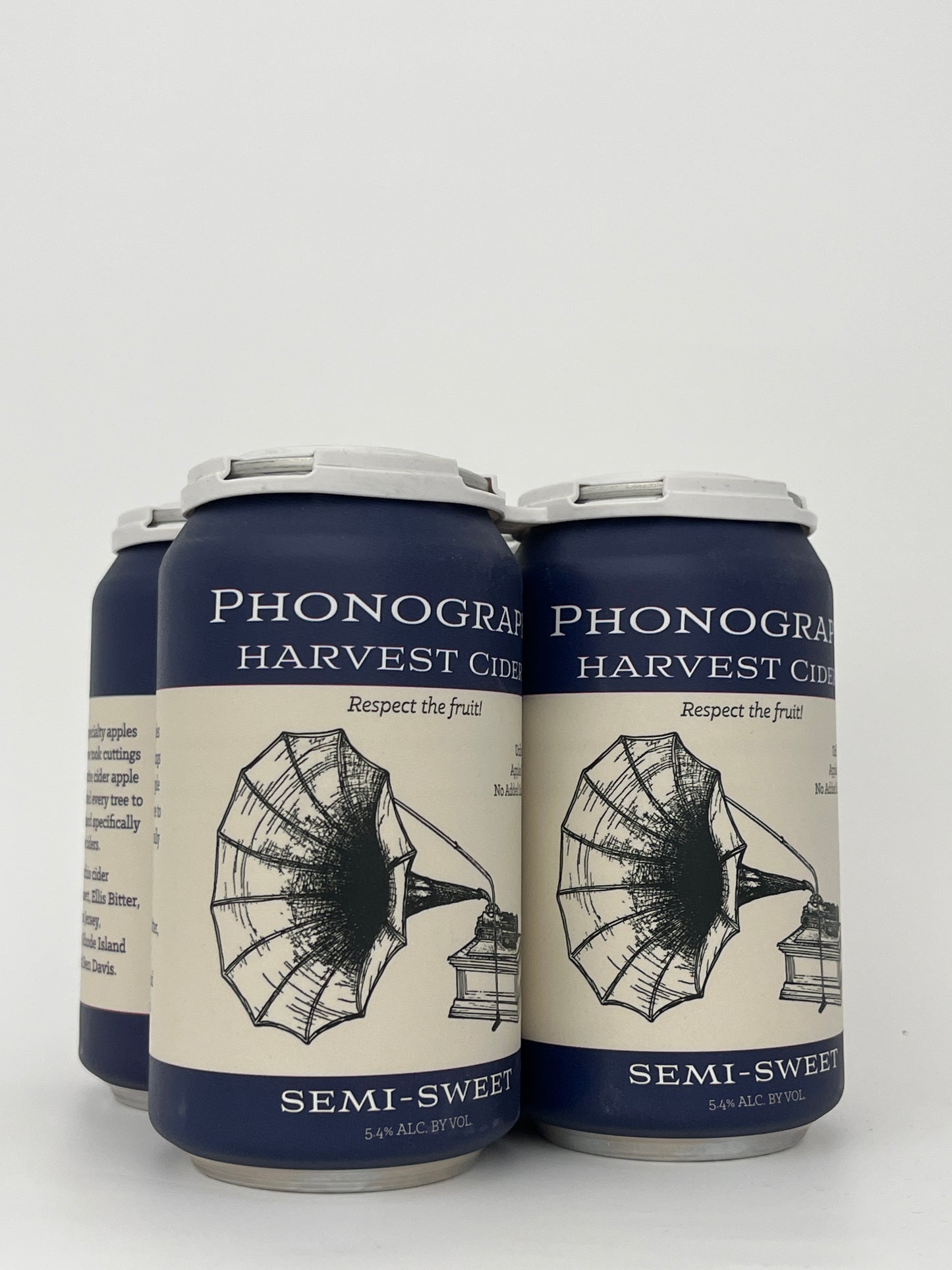 Bottle of Phonograph Semi-Sweet Cider (12oz Can- 4- Pack) in a white backround.	