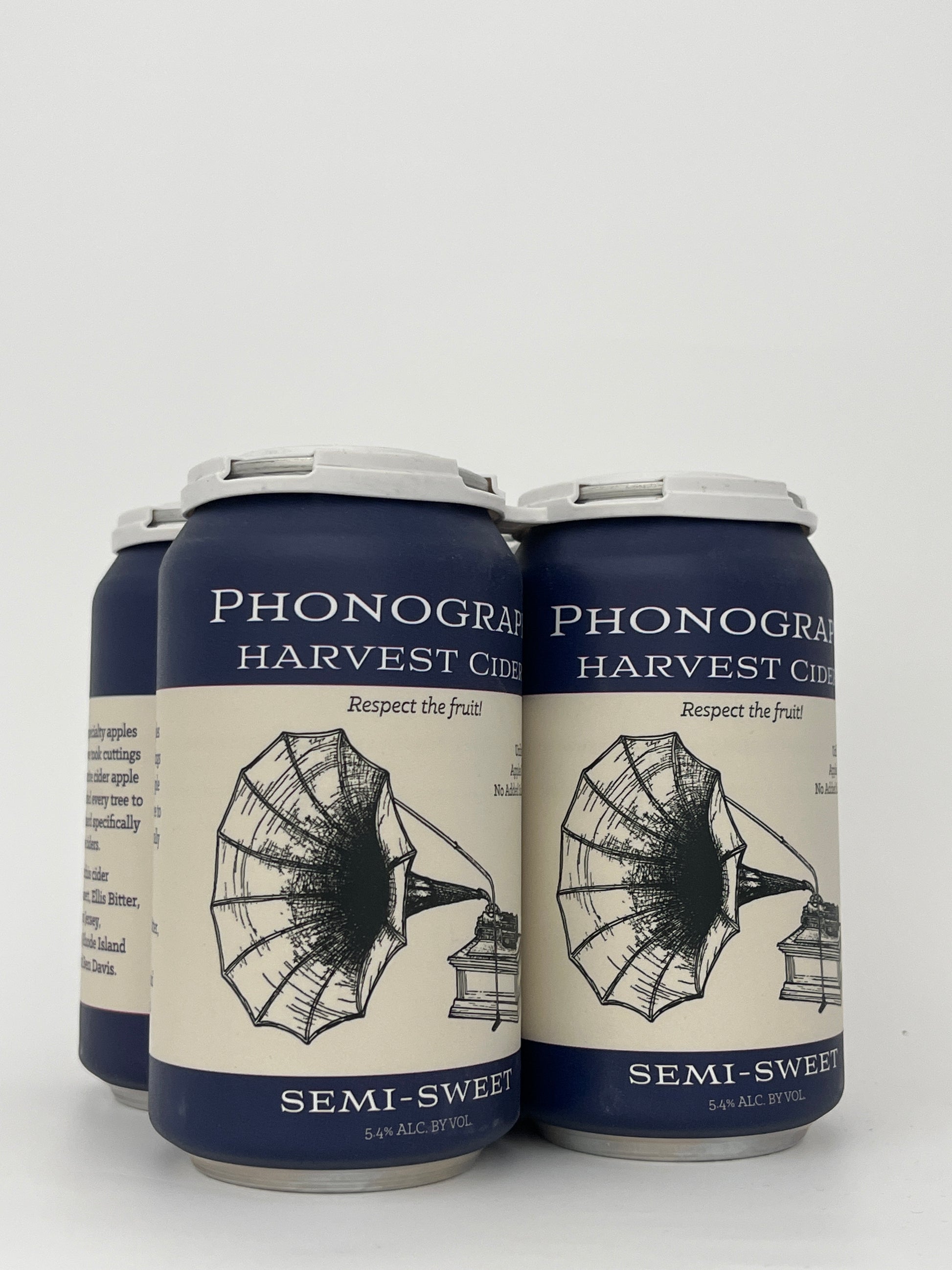 Bottle of Phonograph Semi-Sweet Cider (12oz Can- 4- Pack) in a white backround.	