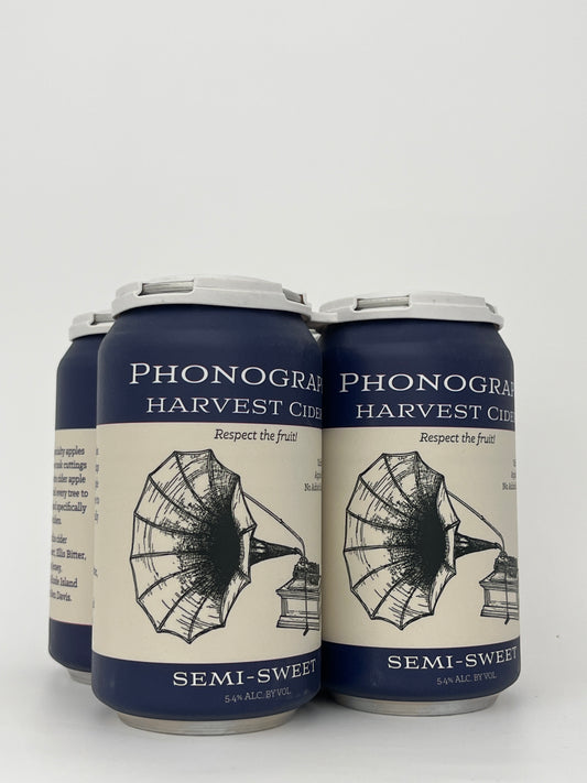 Bottle of Phonograph Semi-Sweet Cider (12oz Can- 4- Pack) in a white backround.	