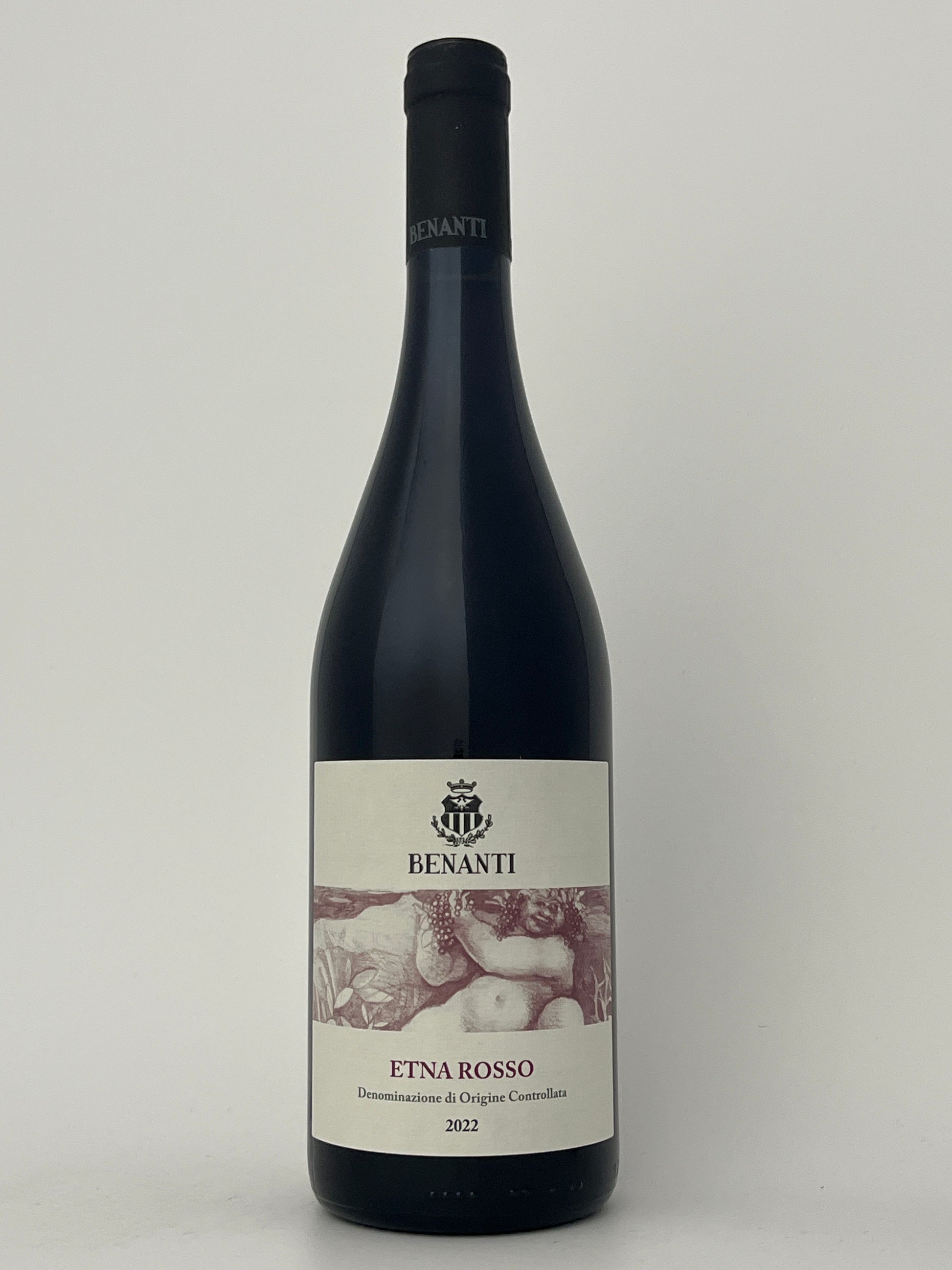 Bottle of Benanti, Nerelo Mascalese, Etna Rosso, Sicily, Italy 2022 in a white backround.