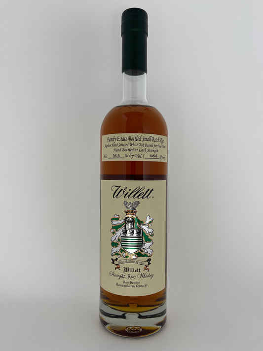Bottle of Willett Straight Kentucky Rye Whiskey on a white background. 