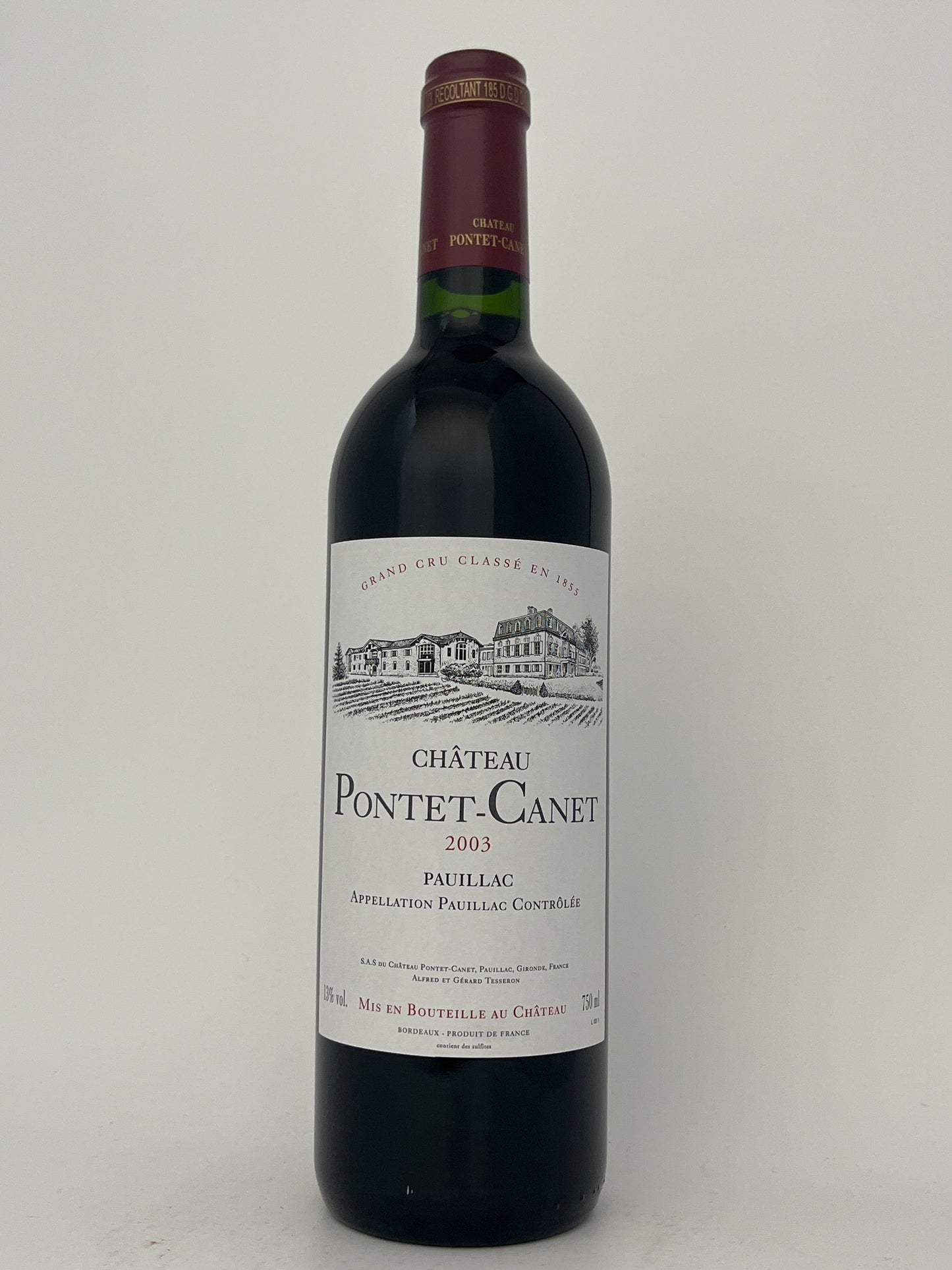 Bottle of Chateau Pontet-Canet, Cabernet Sauvignon, Pauillac, Bordeaux, France 2003 in a white backround.	