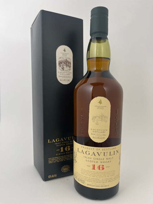 Bottle of Lagavulin 16 Year with the original box in a white backround.