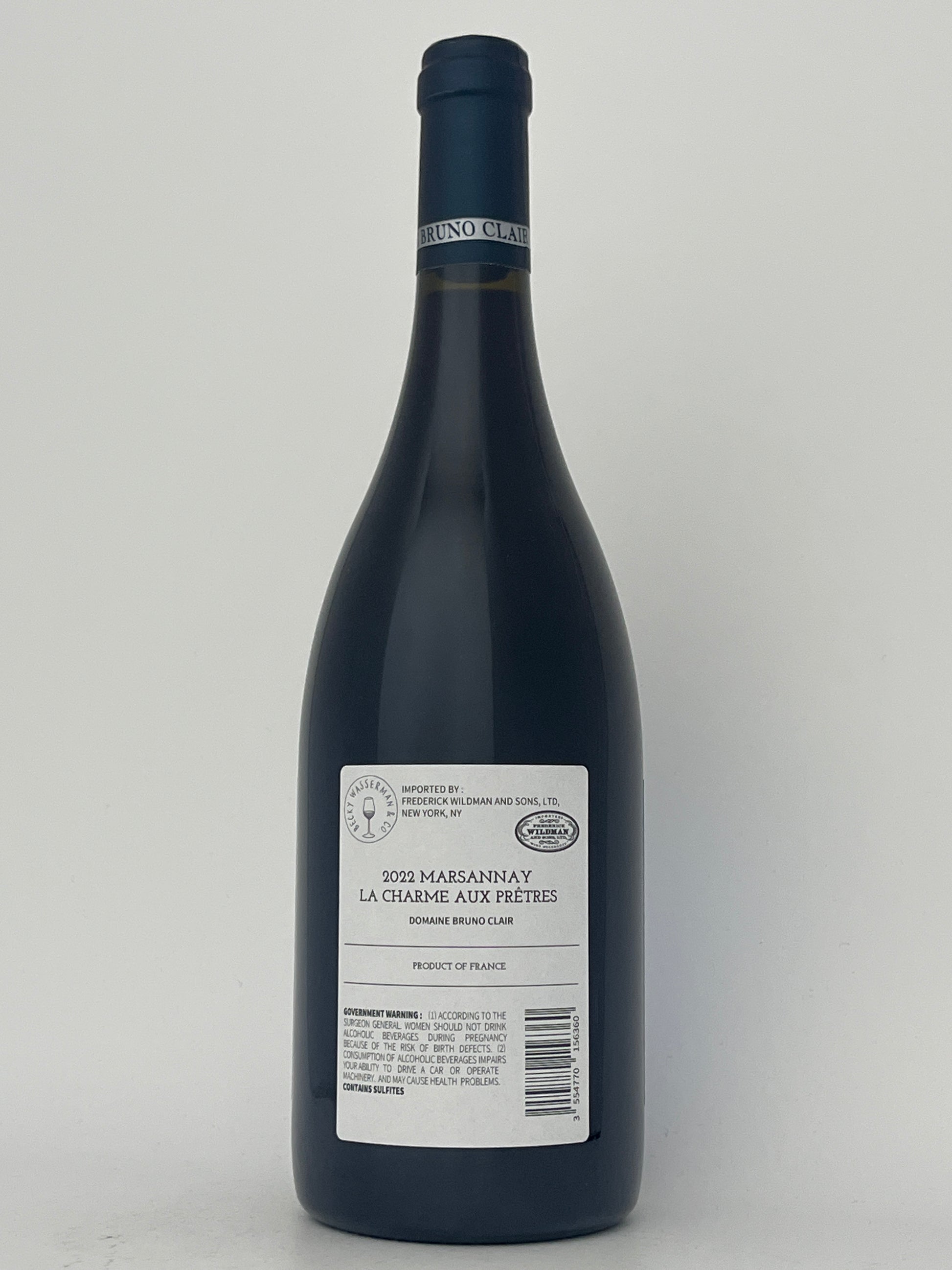 Back label of a bottle of Domaine Bruno Clair, Pinot Noir, "La Charme Aux Pretres," Marsannay, Burgundy, France 2022 in a white backround.