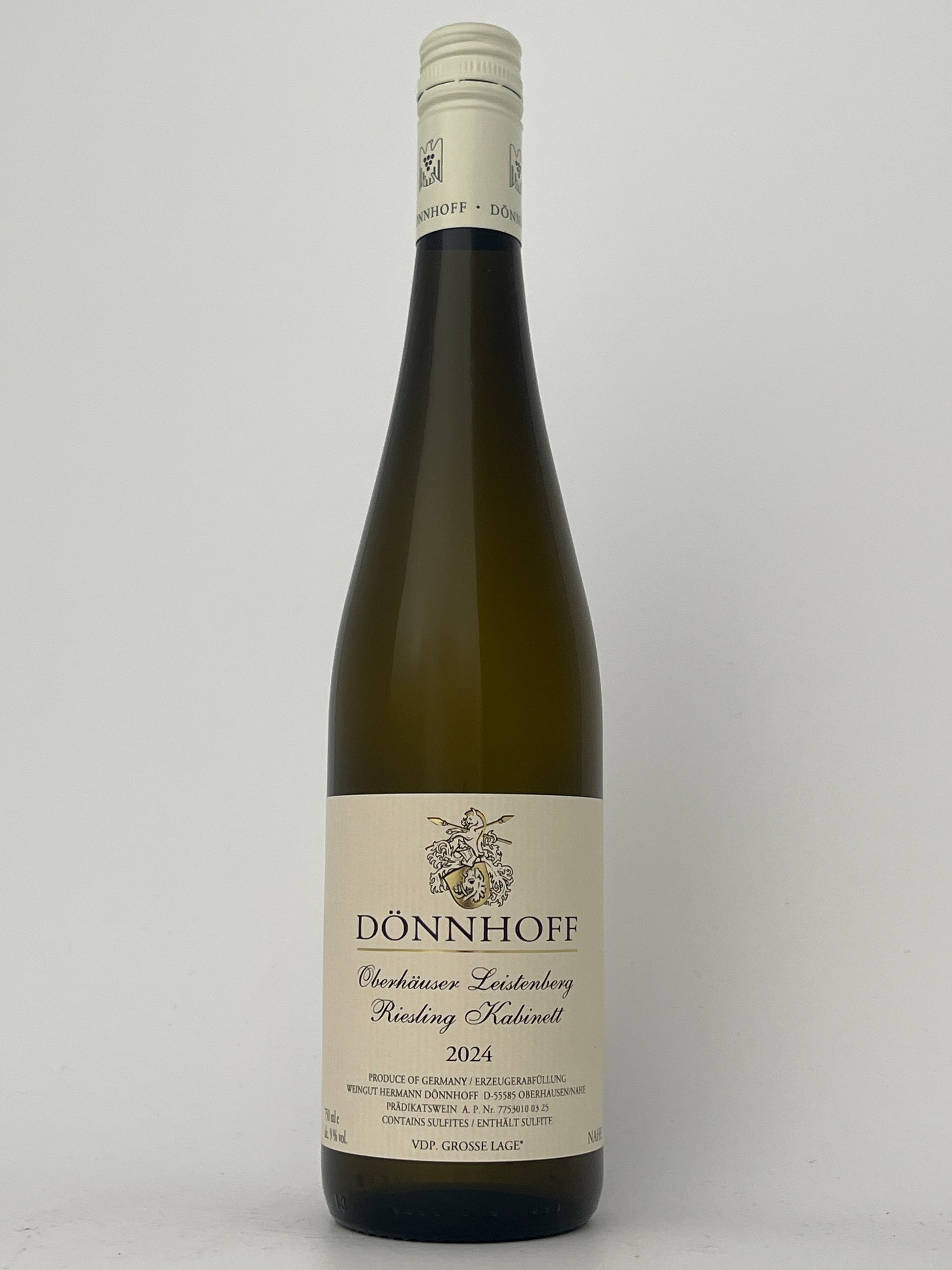Bottle of Donnhoff, Riesling, Kabinett, Oberhauser Leistenberg, Nahe, Germany 2024 in a white backround.	