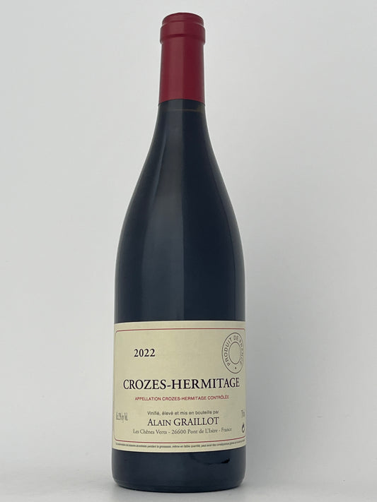 Bottle of Alain Graillot, Syrah, Crozes-Hermitage, Rhone, France 2022 in a white backround.	