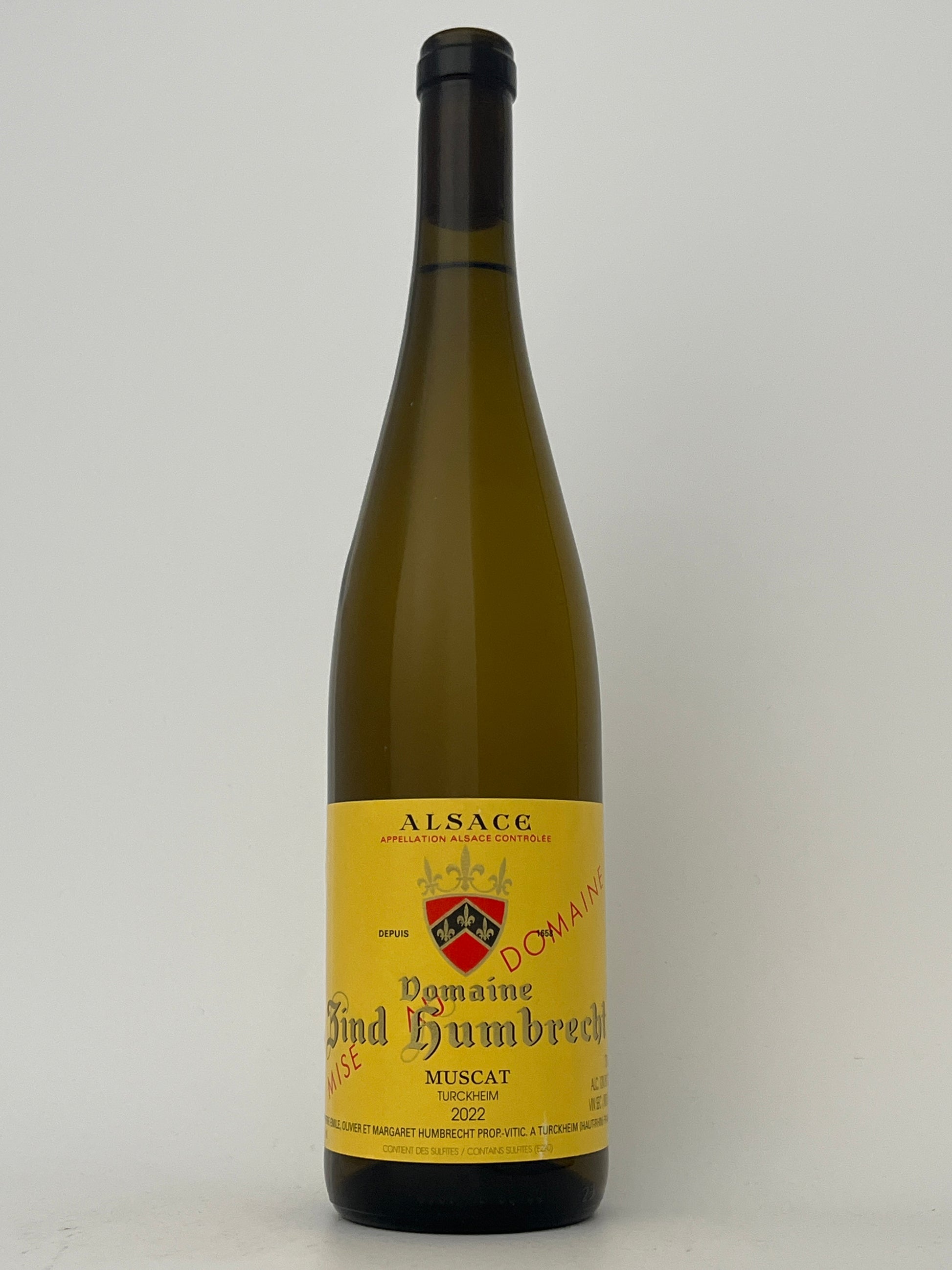 Bottle of Zind Humbrecht, Muscat, Turckheim, Alsace, France 2022 in a white backround.