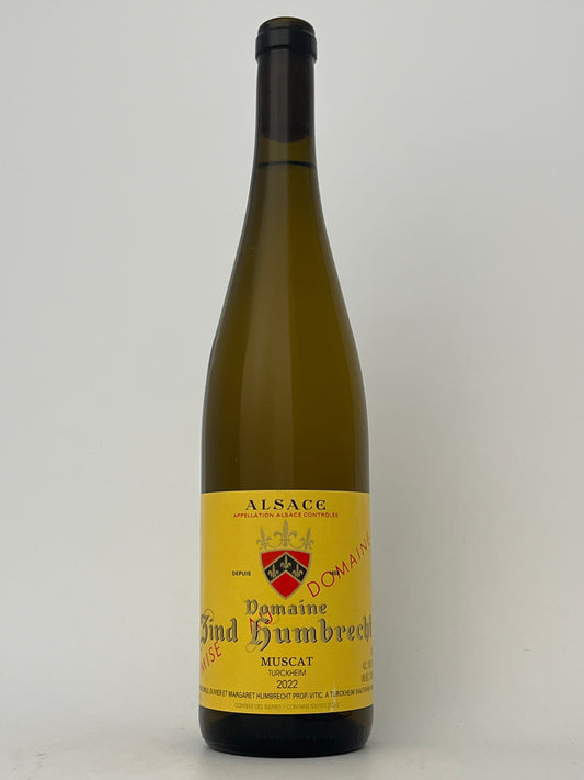 Bottle of Zind Humbrecht, Muscat, Turckheim, Alsace, France 2022 in a white backround.