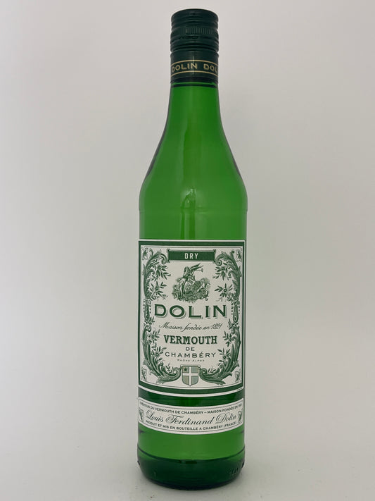 Bottle of Dolin Dry Vermouth de Chambery  in a white backround.