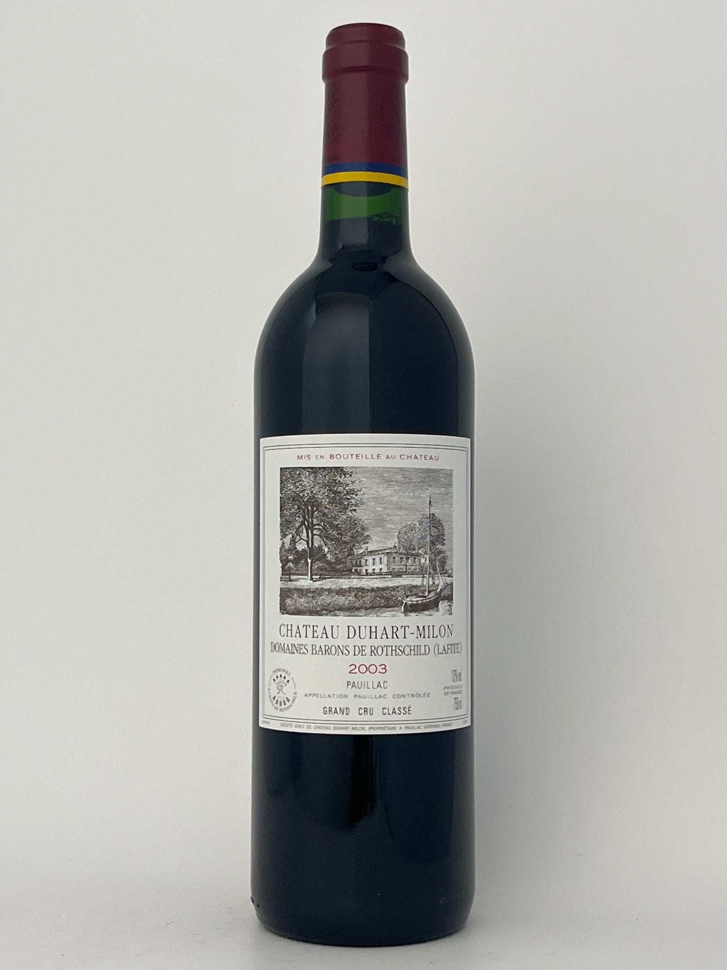 Bottle of Chateau Duhart-Milon, Cabernet Sauvignon, Pauillac, Bordeaux, France 2003 in a white backround.	