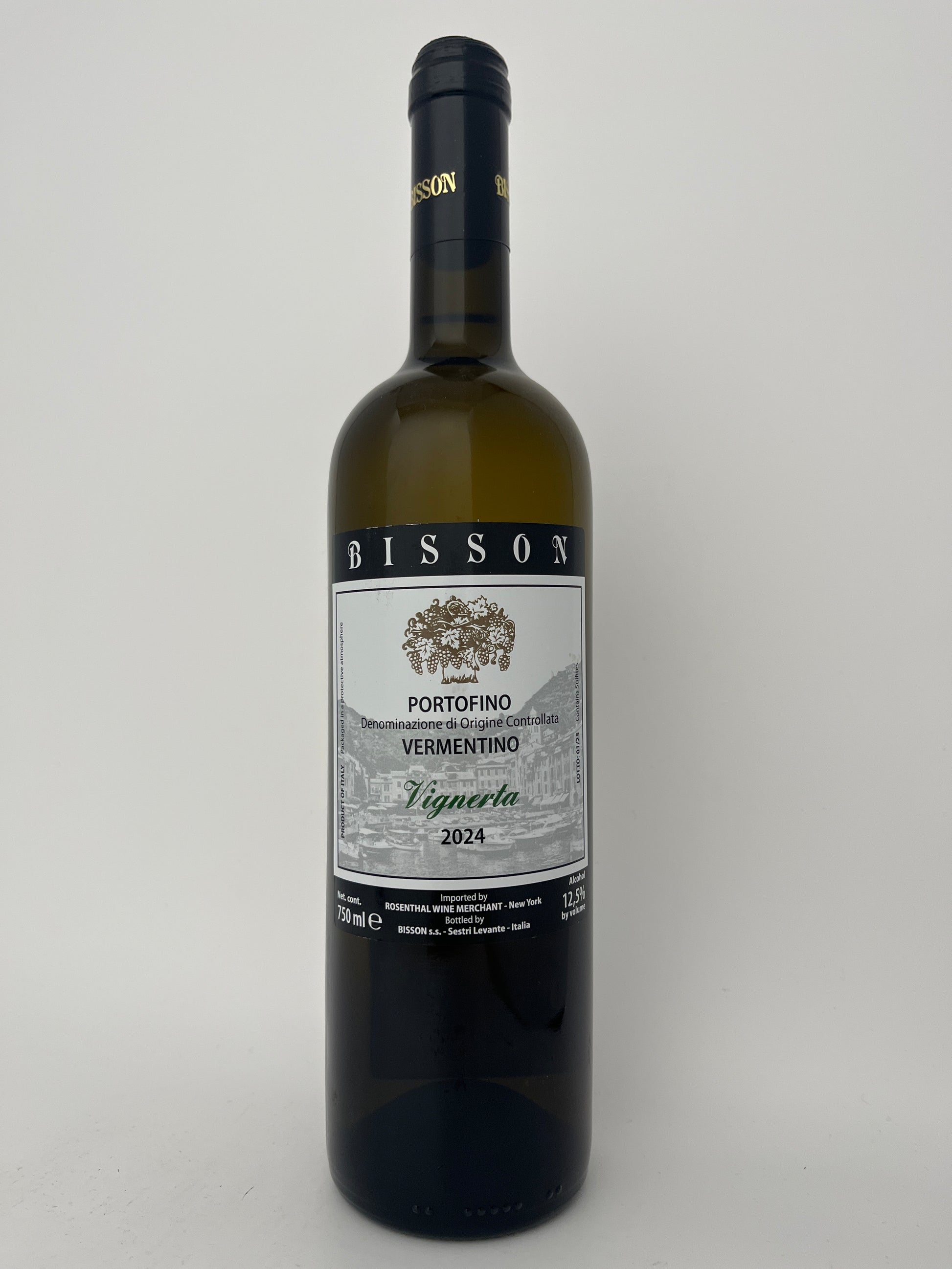 Bottle of Bisson, Vermentino, "Vignerta," Portofino, Liguria, Italy 2024 in a white backround.