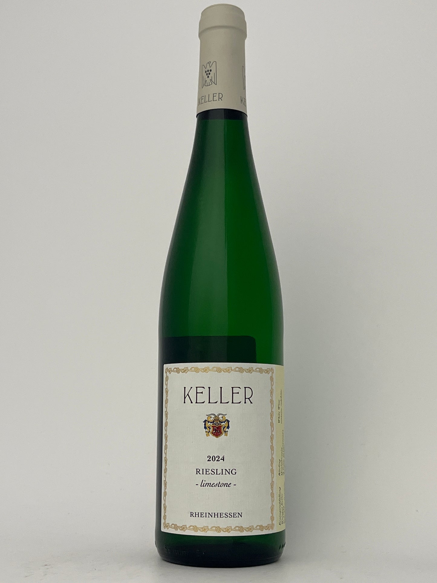 Bottle of Keller, Riesling, "Limestone," Rheinhessen, Germany 2024 in a white backround.