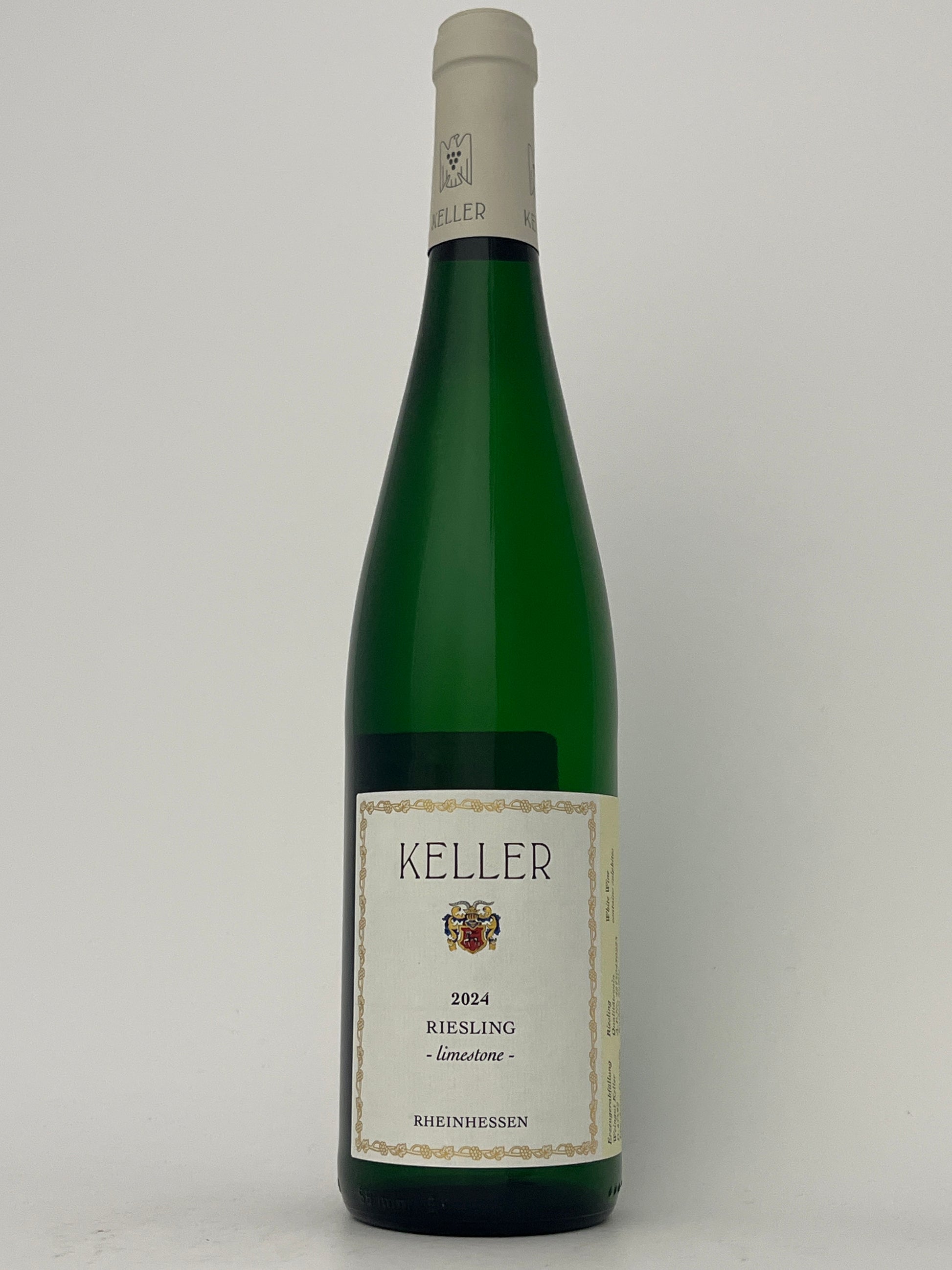 Bottle of Keller, Riesling, "Limestone," Rheinhessen, Germany 2024 in a white backround.