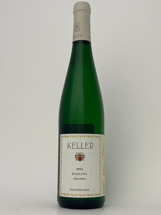 Bottle of Keller, Riesling, "Limestone," Rheinhessen, Germany 2024 in a white backround.