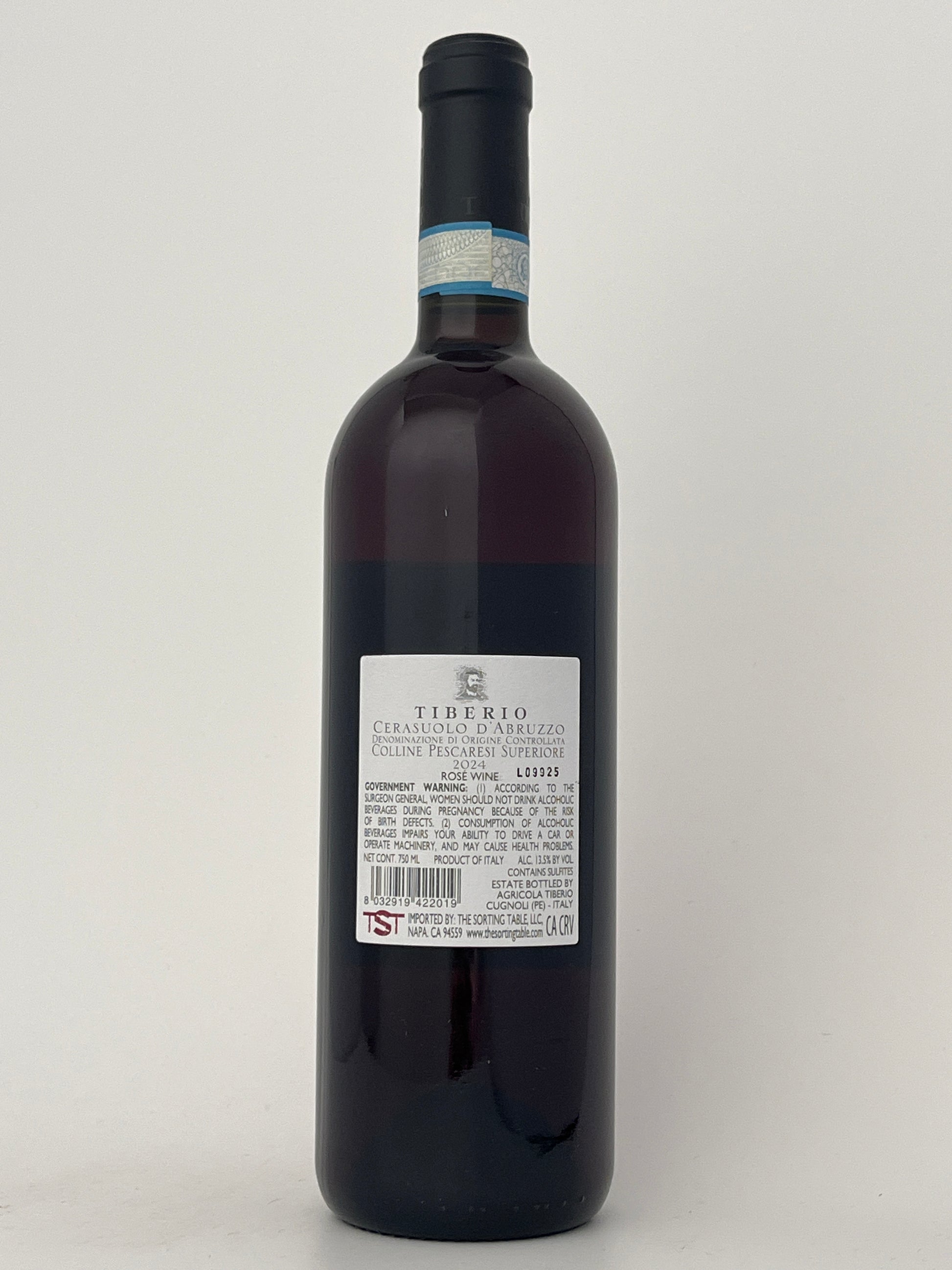 Back label of a bottle of Tiberio, Montepulciano, Cerasuolo d'Abruzzo, Abruzzo, Italy 2024 in a white backround.