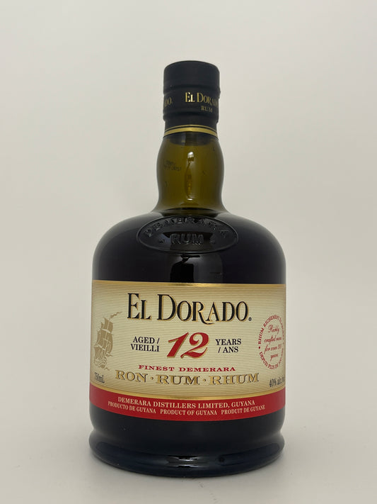 Bottle of El Doraro Demerara Rum 12 Year on a white backround. 