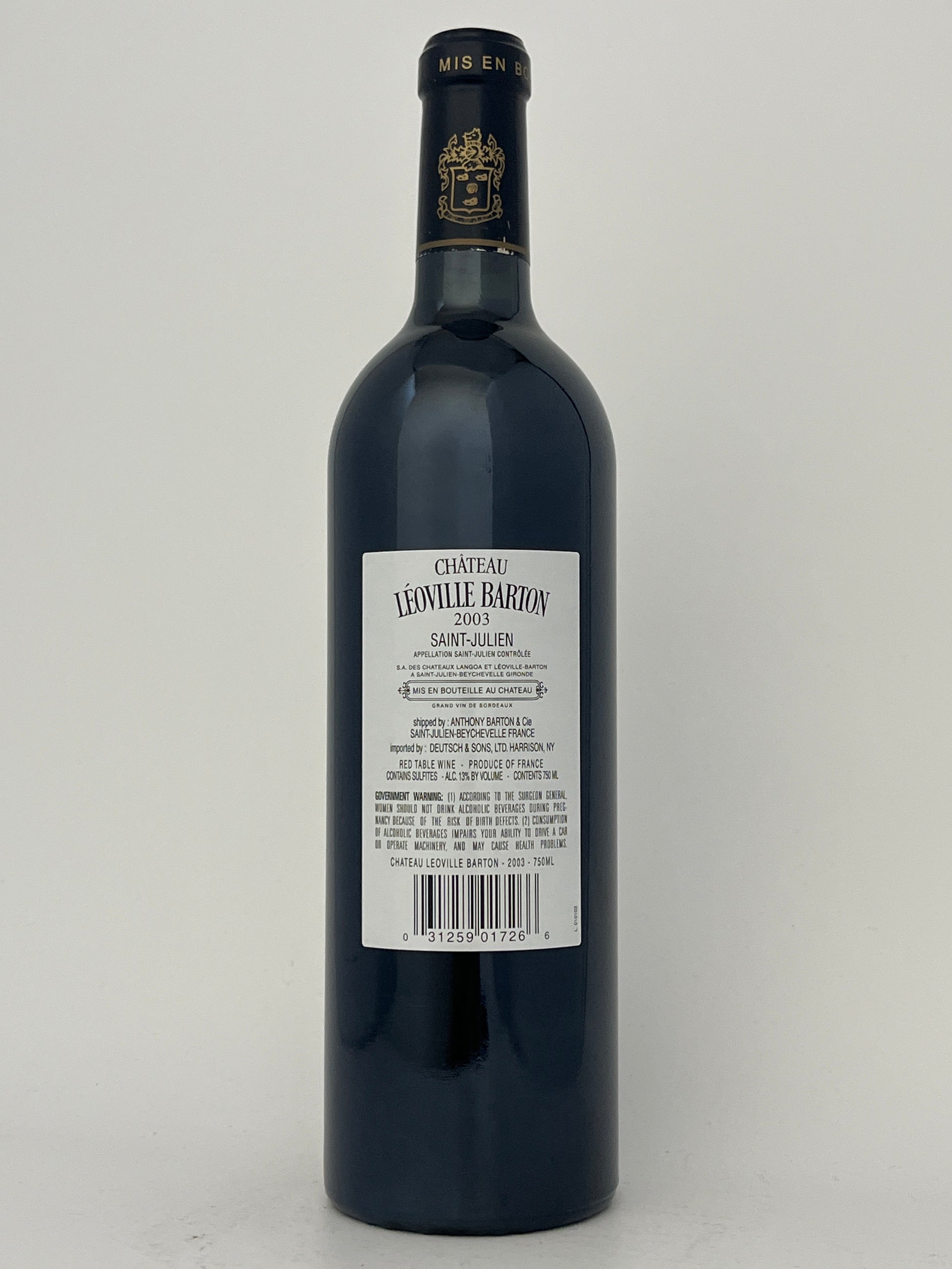 Back label of a bottle of Chateau Leoville Barton, Cabernet Sauvignon, Saint-Julien, Bordeaux, France 2003 in a white backround.