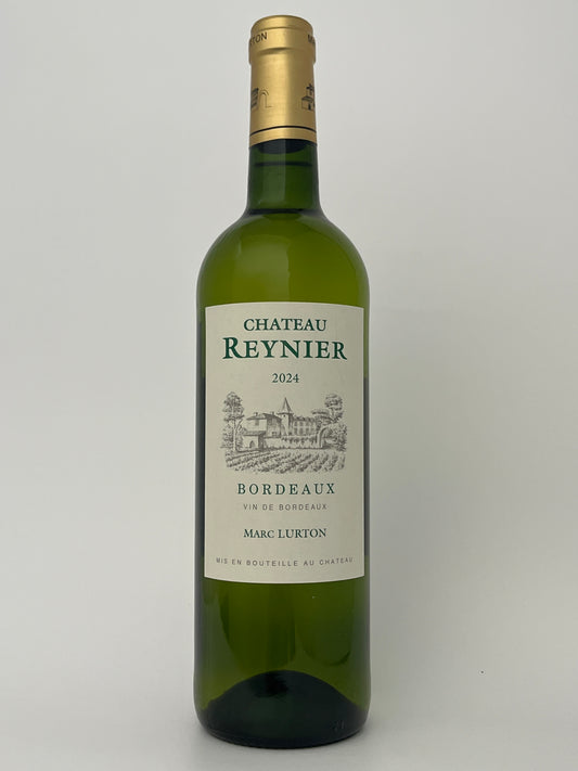 Bottle of Chateau Reynier, Sauvignon Blanc, Bordeaux, France 2023 in a white backround.	