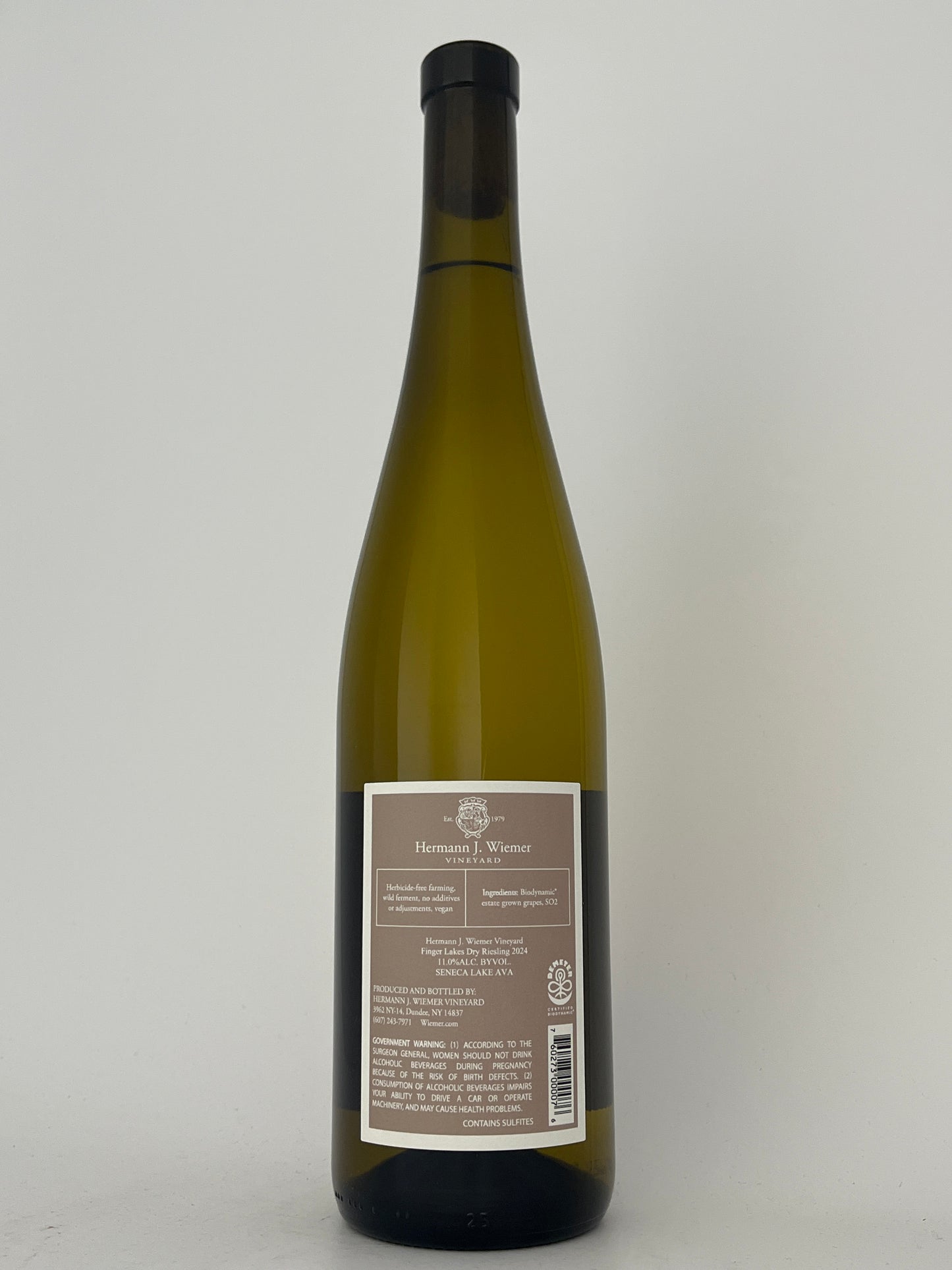 Back label of a bottle of Hermann J. Wiemer, Riesling, "Flower Day," Finger Lakes, New York, United States 2024 in a white backround.