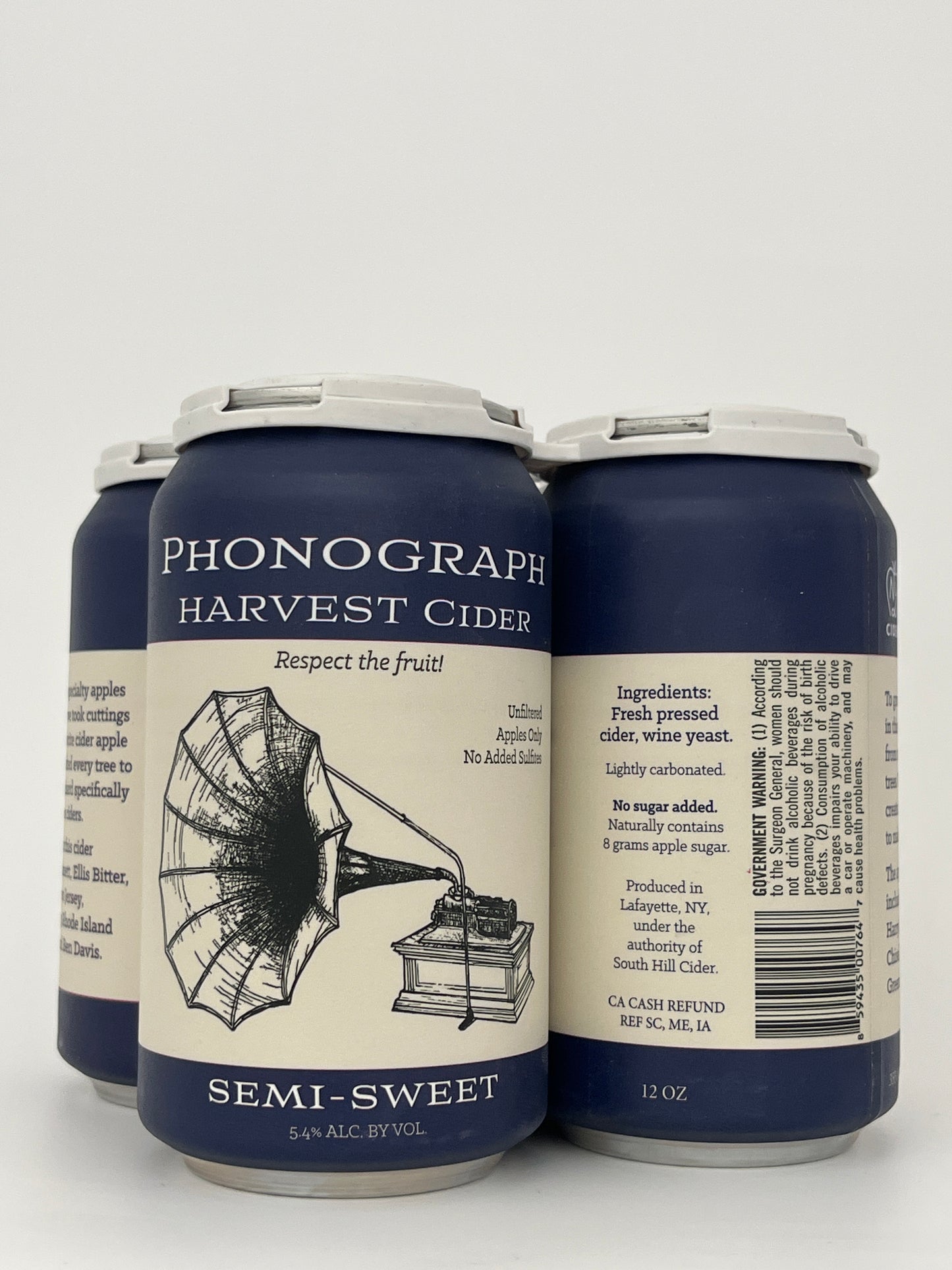 Bottle of Phonograph Semi-Sweet Cider (12oz Can- 4- Pack) in a white backround and Back label of a bottle of Phonograph Semi-Sweet Cider (12oz Can- 4- Pack) in a white backround.