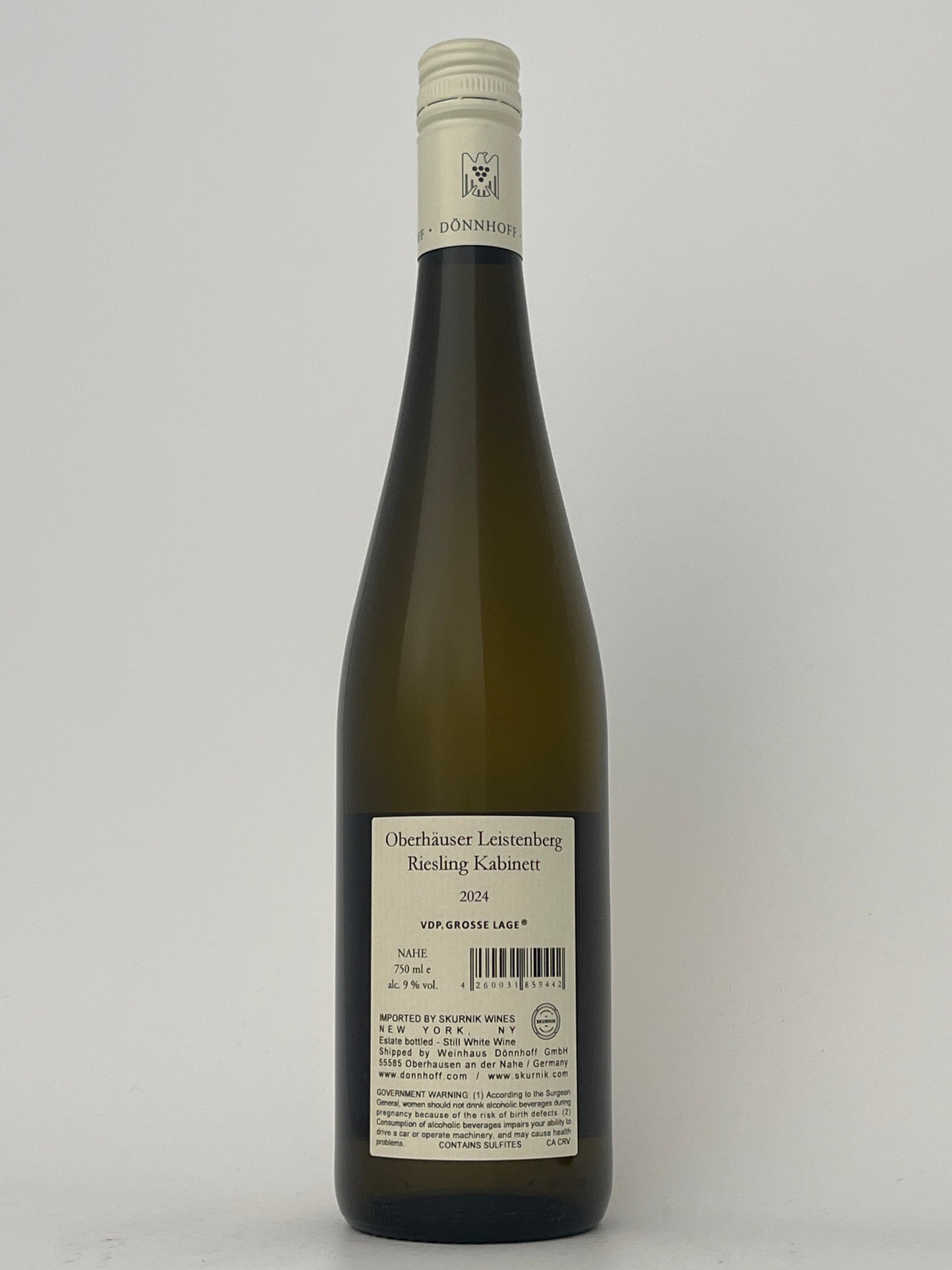 Back label of a bottle of Donnhoff, Riesling, Kabinett, Oberhauser Leistenberg, Nahe, Germany 2024 in a white backround.	 Front Label	 Back Label	Donnhoff, Riesling, Kabinett, Oberhauser Leistenberg, Nahe, Germany 2024 Front Label