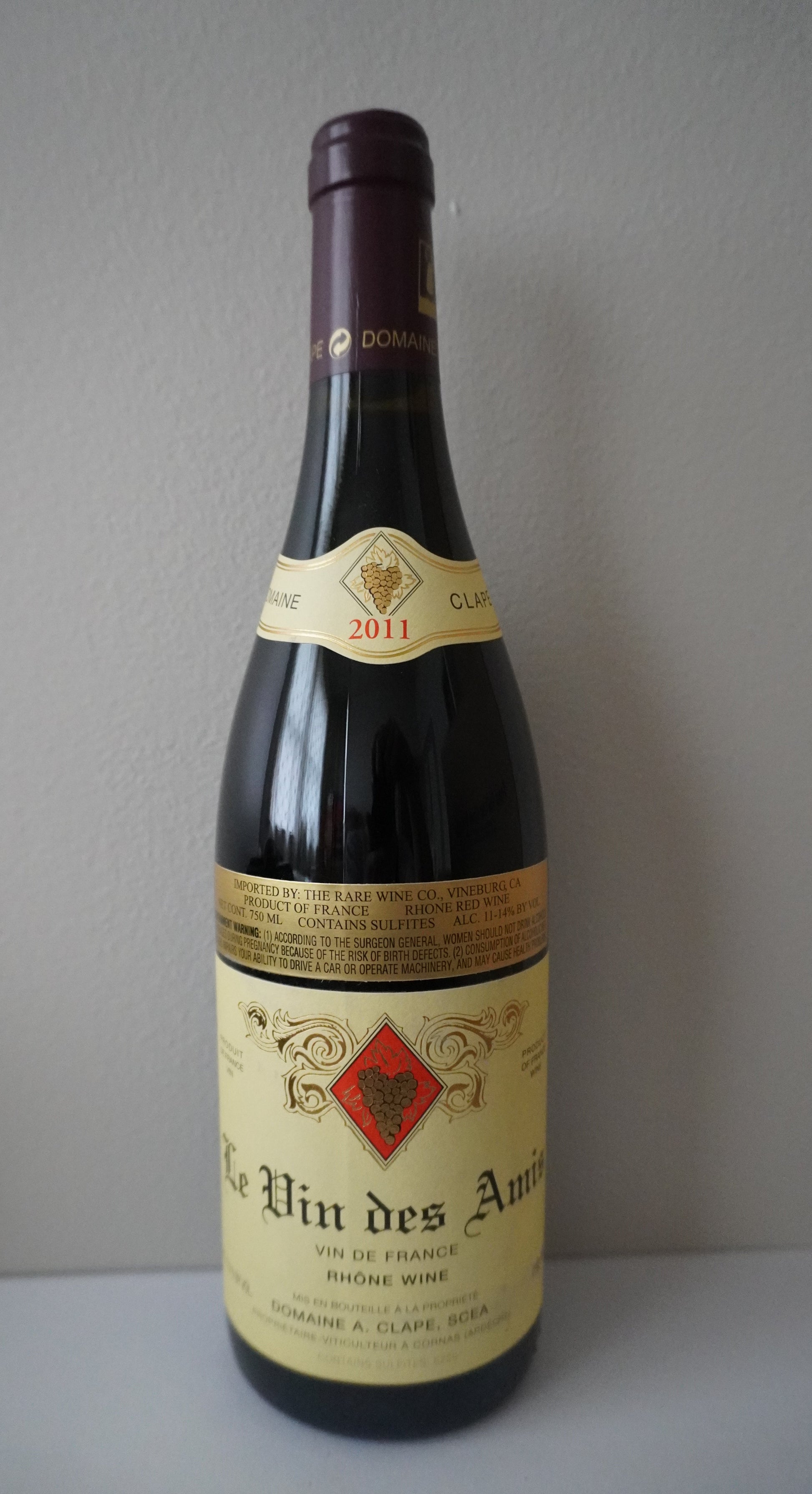 Bottle of August Clape, Syrah, "Vin des Amis," Rhone, France 2011
Front Label