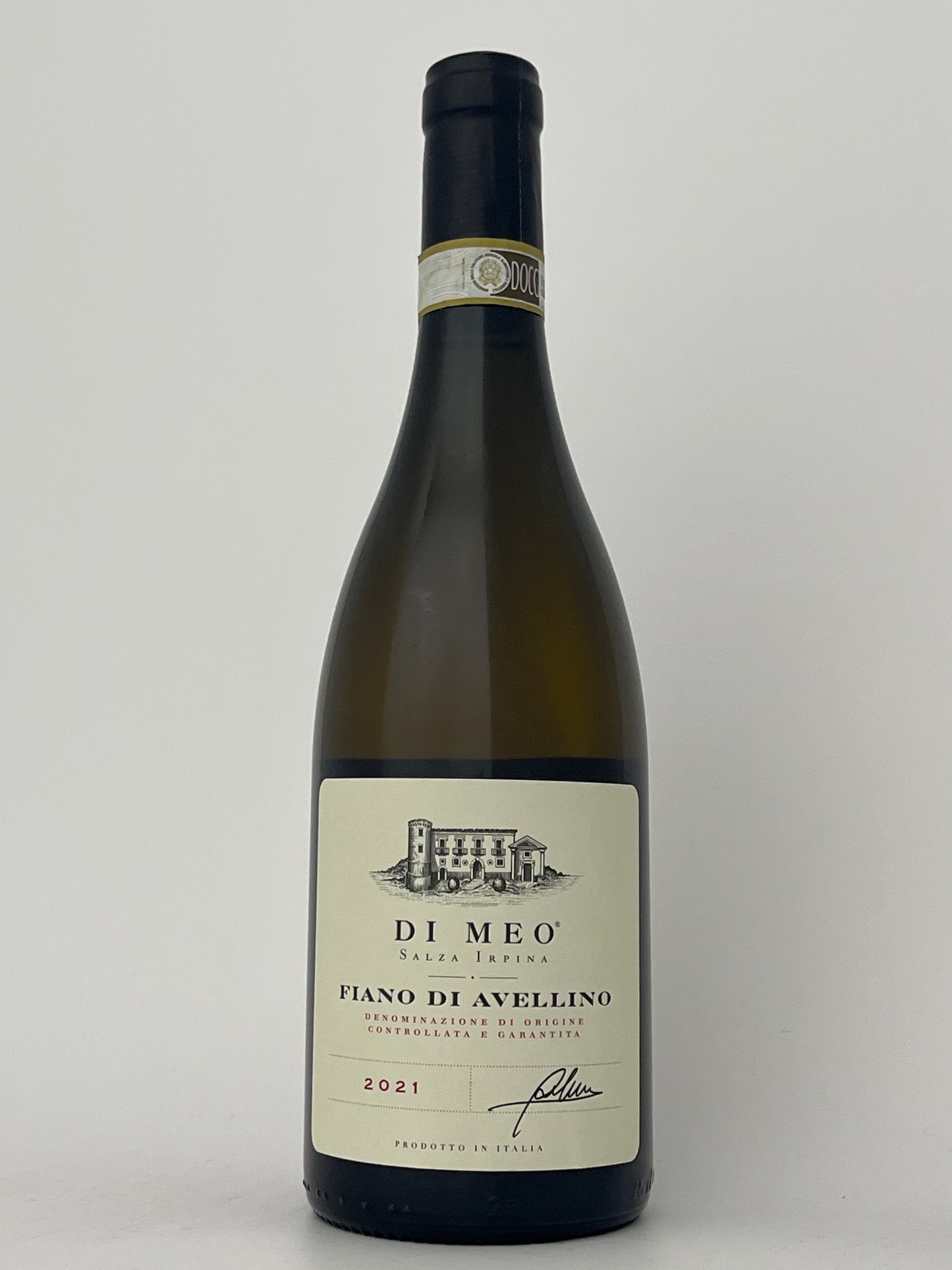 Bottle of Di Meo, Fiano di Avellino, Campania, Italy 2021 in a white backround.