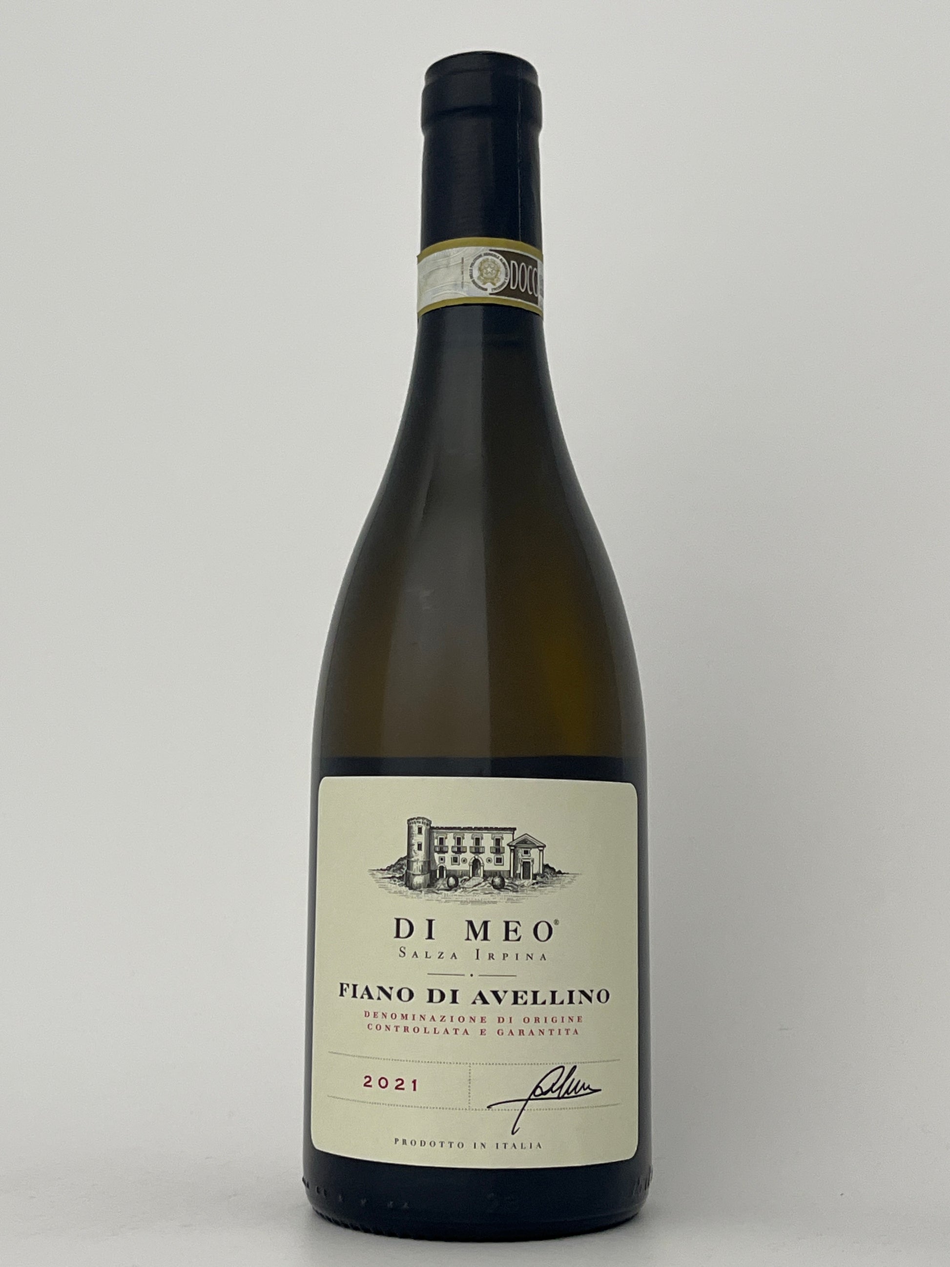 Bottle of Di Meo, Fiano di Avellino, Campania, Italy 2021 in a white backround.