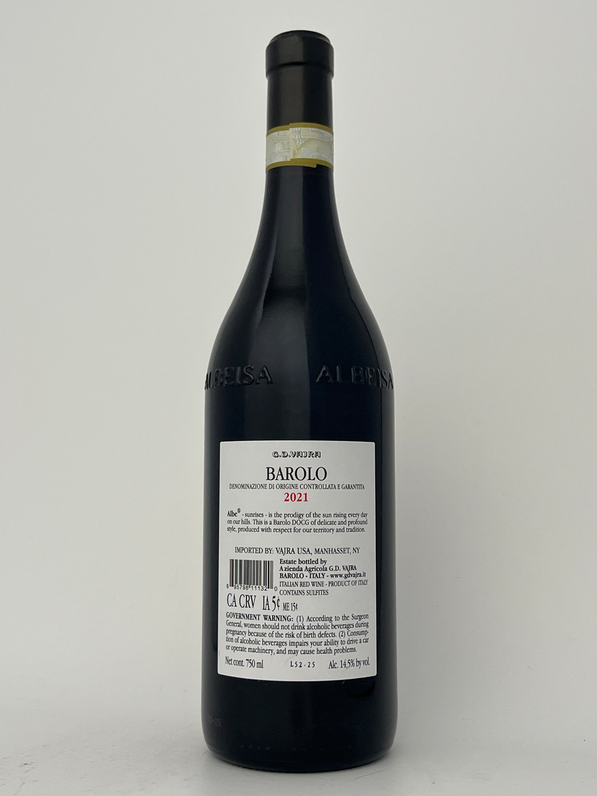 Back label of a bottle of G.D. Vajra, Nebbiolo, "Albe," Barolo, Italy 2021 in a white backround.