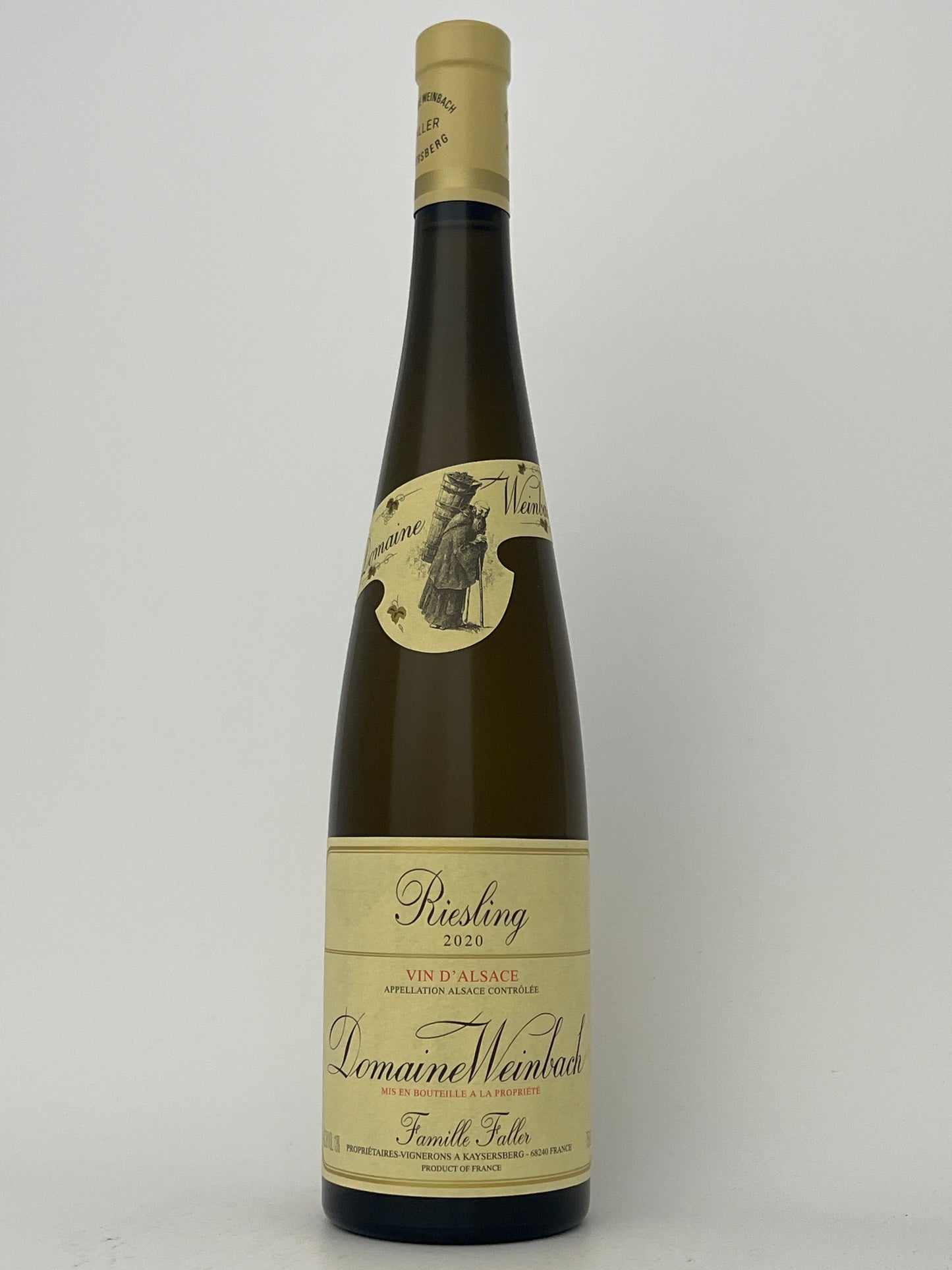 Bottle of Weinbach, Riesling, Alsace, France 2020 in a white backround.	