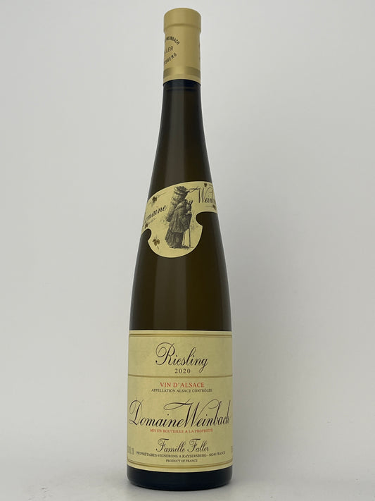 Bottle of Weinbach, Riesling, Alsace, France 2020 in a white backround.	