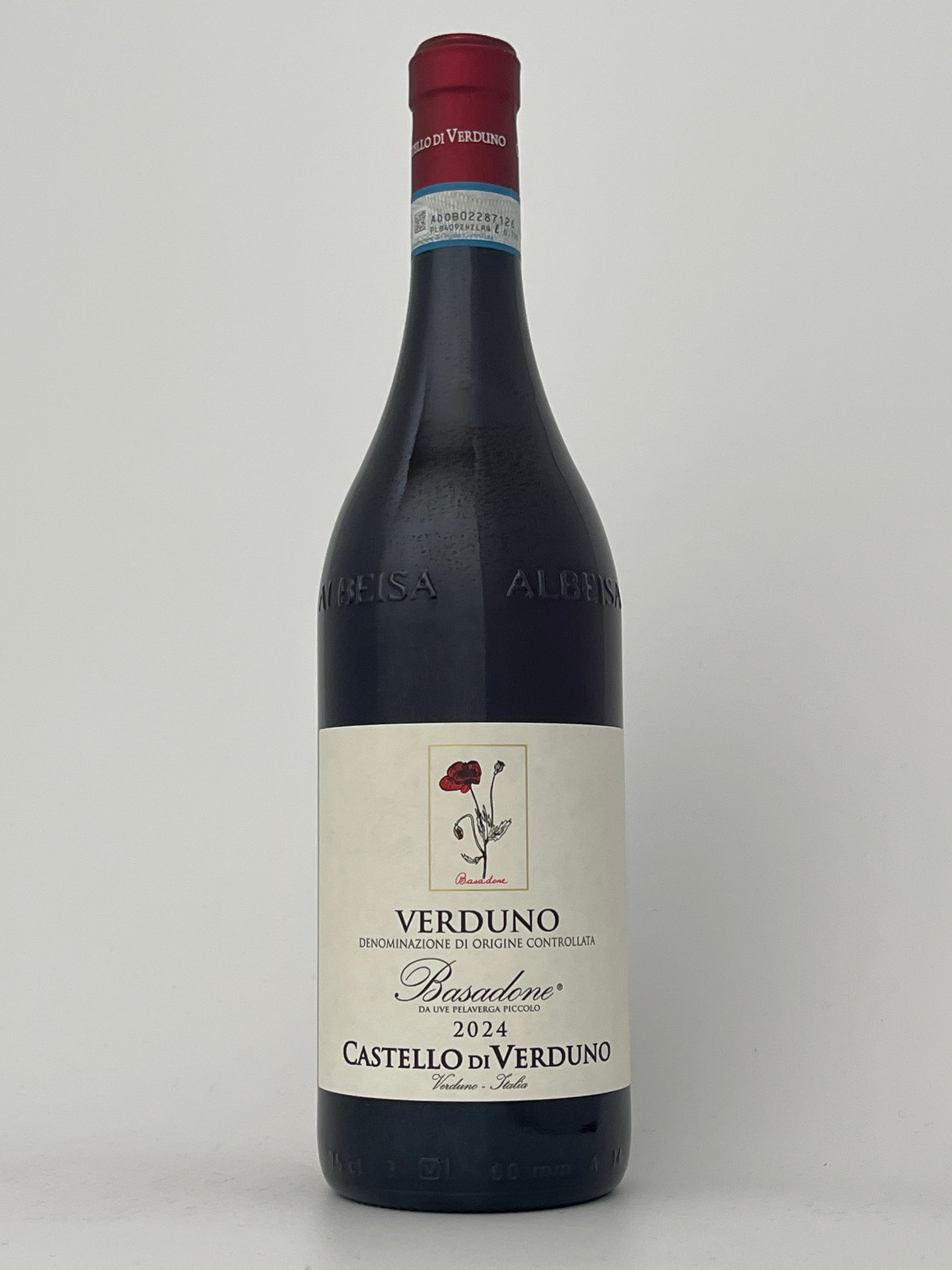 Bottle of Castello di Verduno, Pelaverga, "Basadone," Piedmont, Italy 2023 in a white backround.	