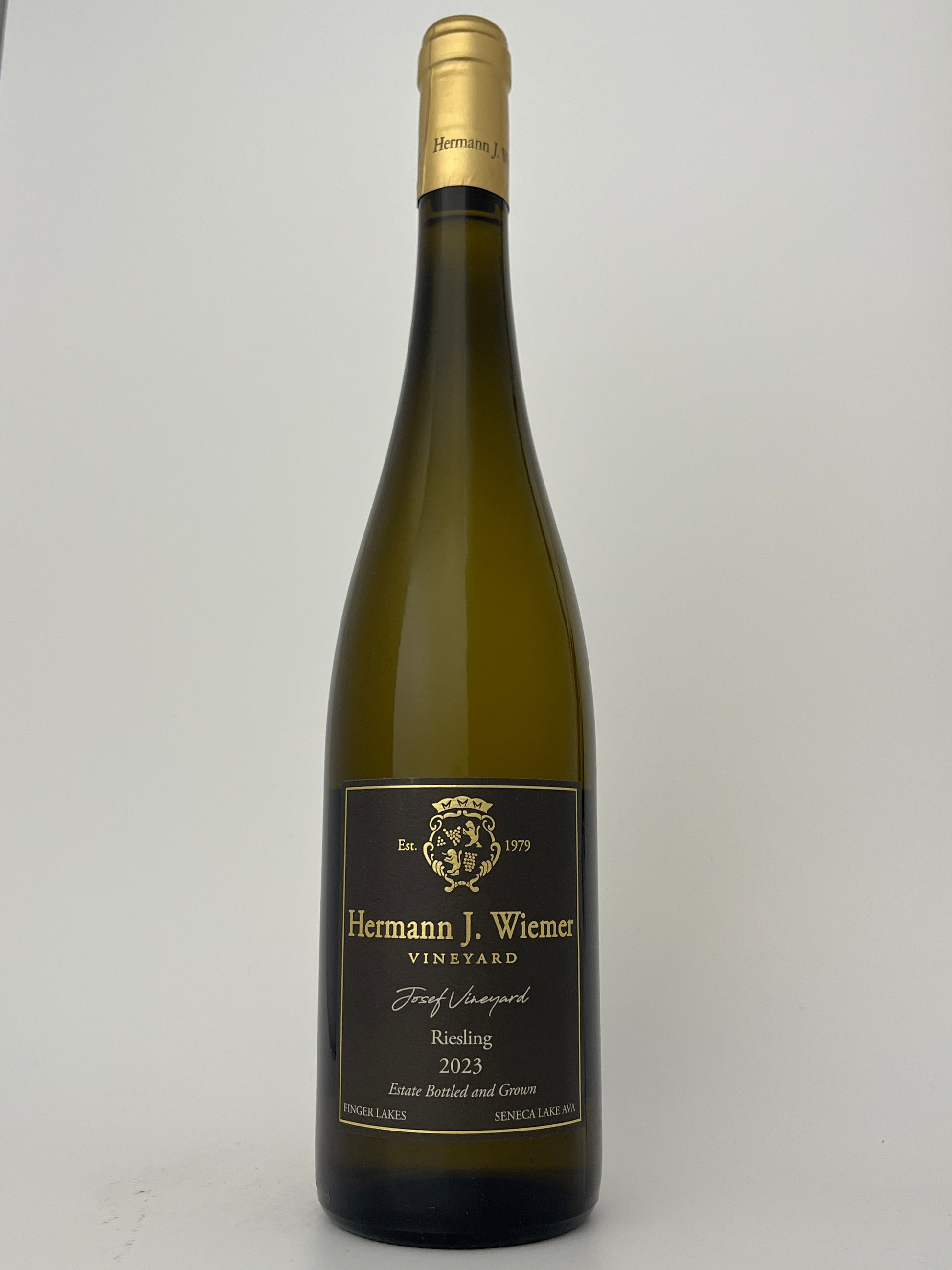 Bottle of Hermann J. Wiemer, Riesling, "Josef Vineyard," Finger Lakes, New York, United States 2023 in a white backround.	