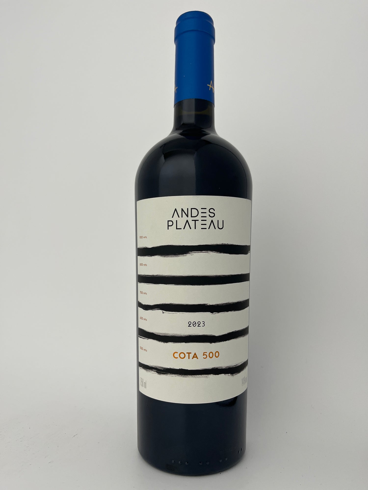 Bottle of Andes Plateau, Cabernet Sauvignon, "Cota 500," Cachapoal Valley, Rapel Valley, Central Valley, Chile 2023 in a white backround.	