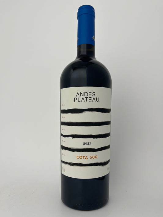 Bottle of Andes Plateau, Cabernet Sauvignon, "Cota 500," Cachapoal Valley, Rapel Valley, Central Valley, Chile 2023 in a white backround.	