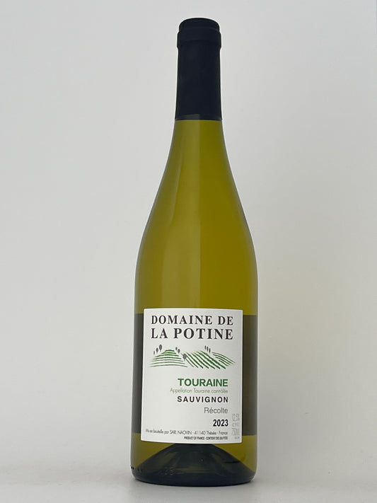Bottle of Domaine de la Potine, Sauvignon Blanc, Touraine, Loire, France 2023 in a white backround.	