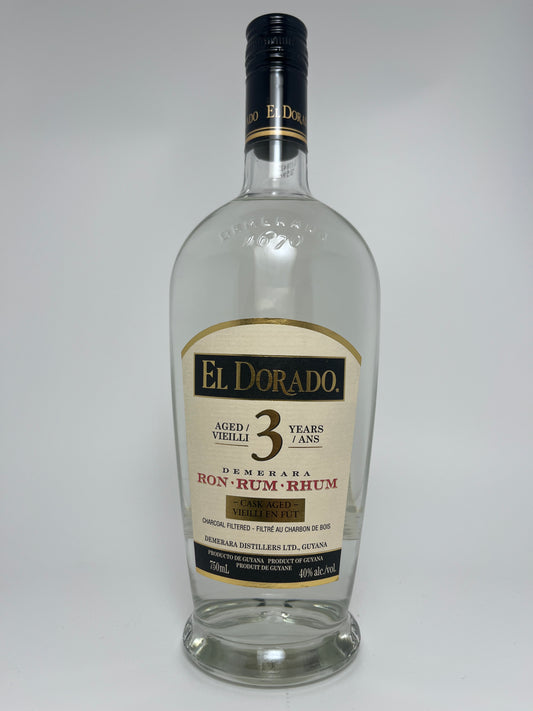 Bottle of El Doraro Demerara Rum 3 Year on a white backround. 