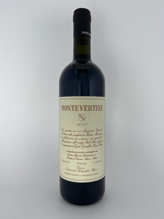 Bottle of Sangiovese from Montevertine. Red wine from Tuscany, Italy