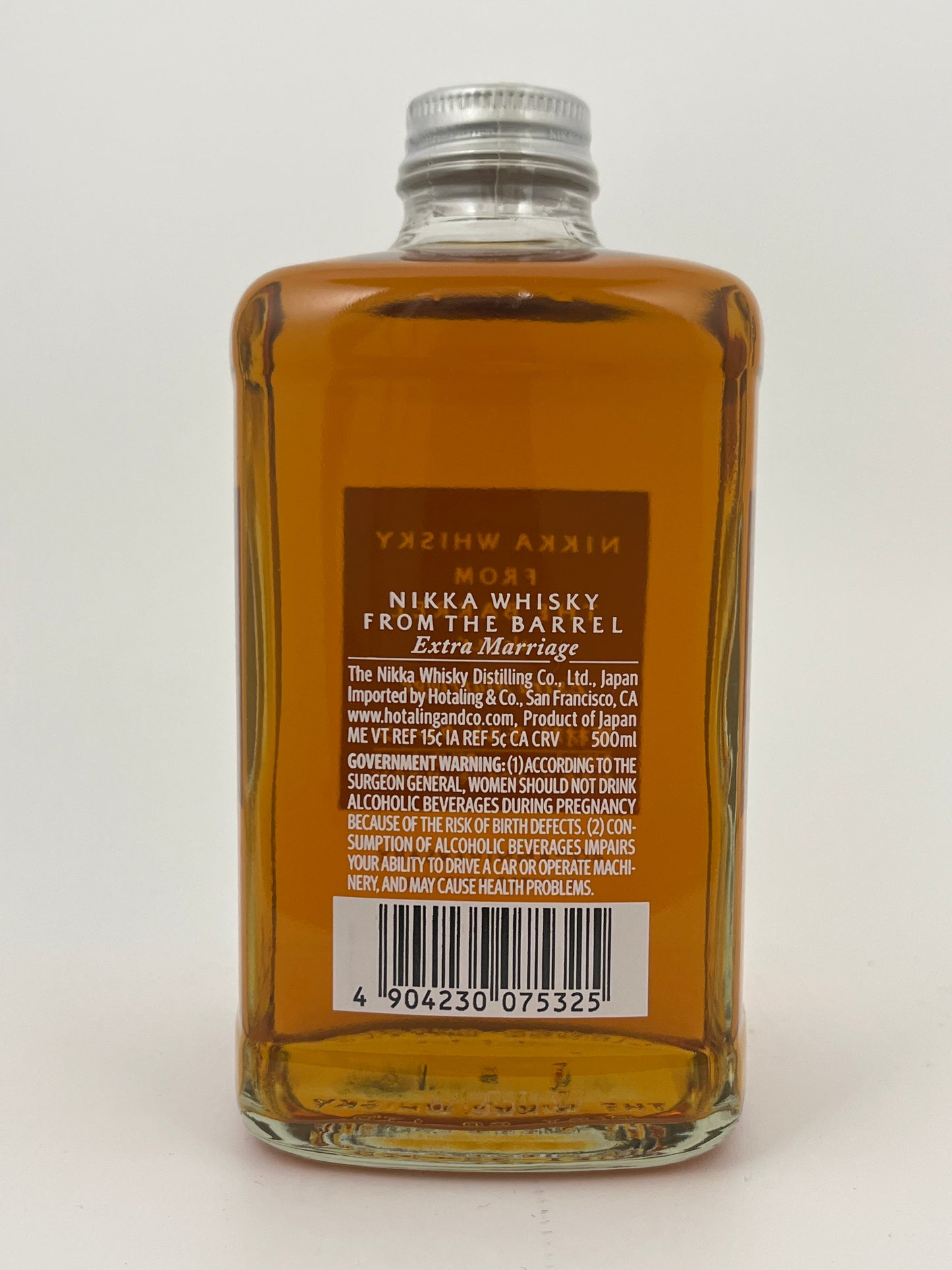 Back label of a bottle of Nikka From the Barrel Extra Marriage Japanese Whisky in a white backround.