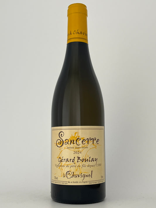 Bottle of Gerard Boulay, Sauvignon Blanc, "a Chavignol," Sancerre, Loire, France 2024 in a white backround.	