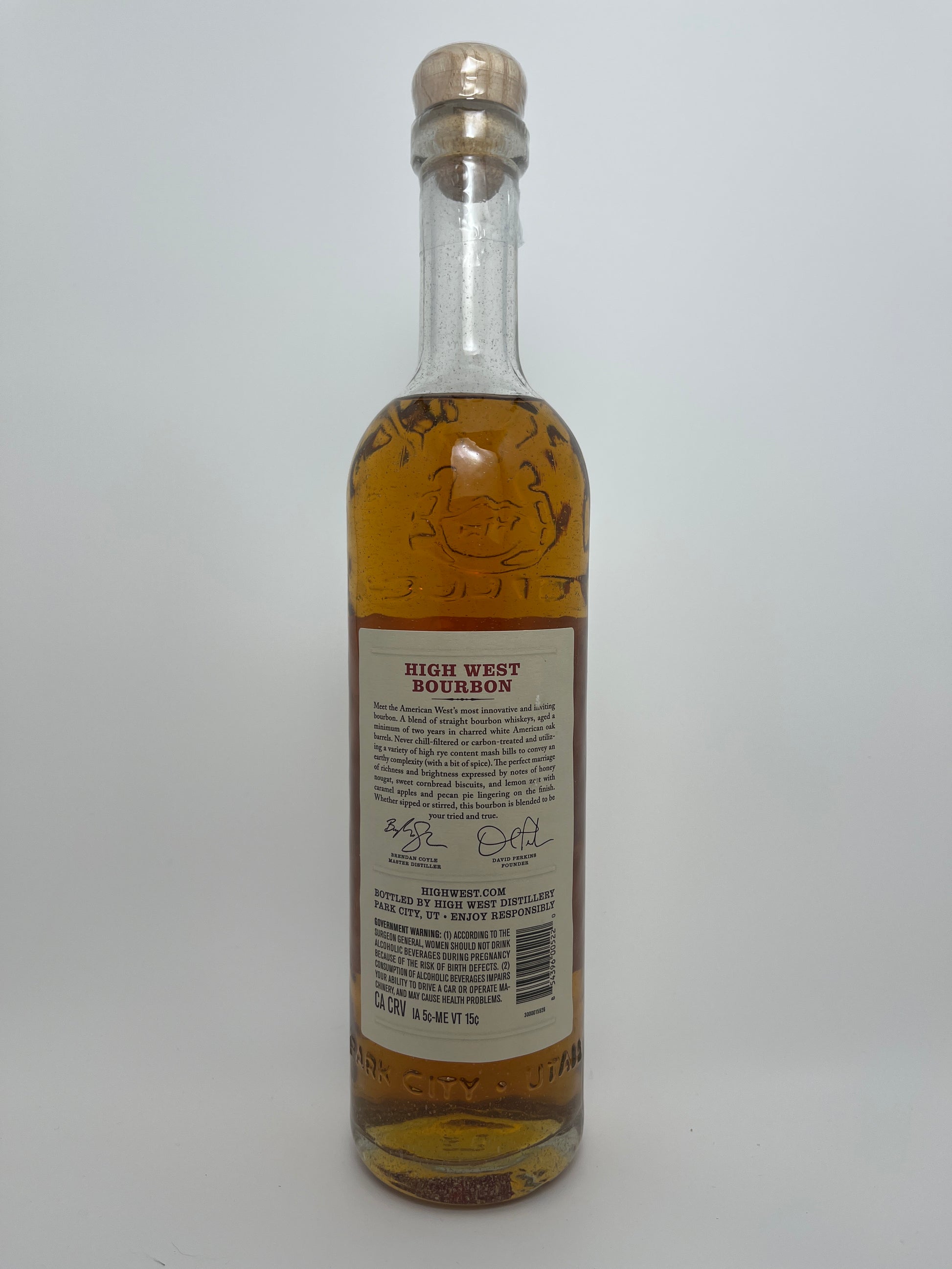 Back label of High West bourbon bottle on a white background