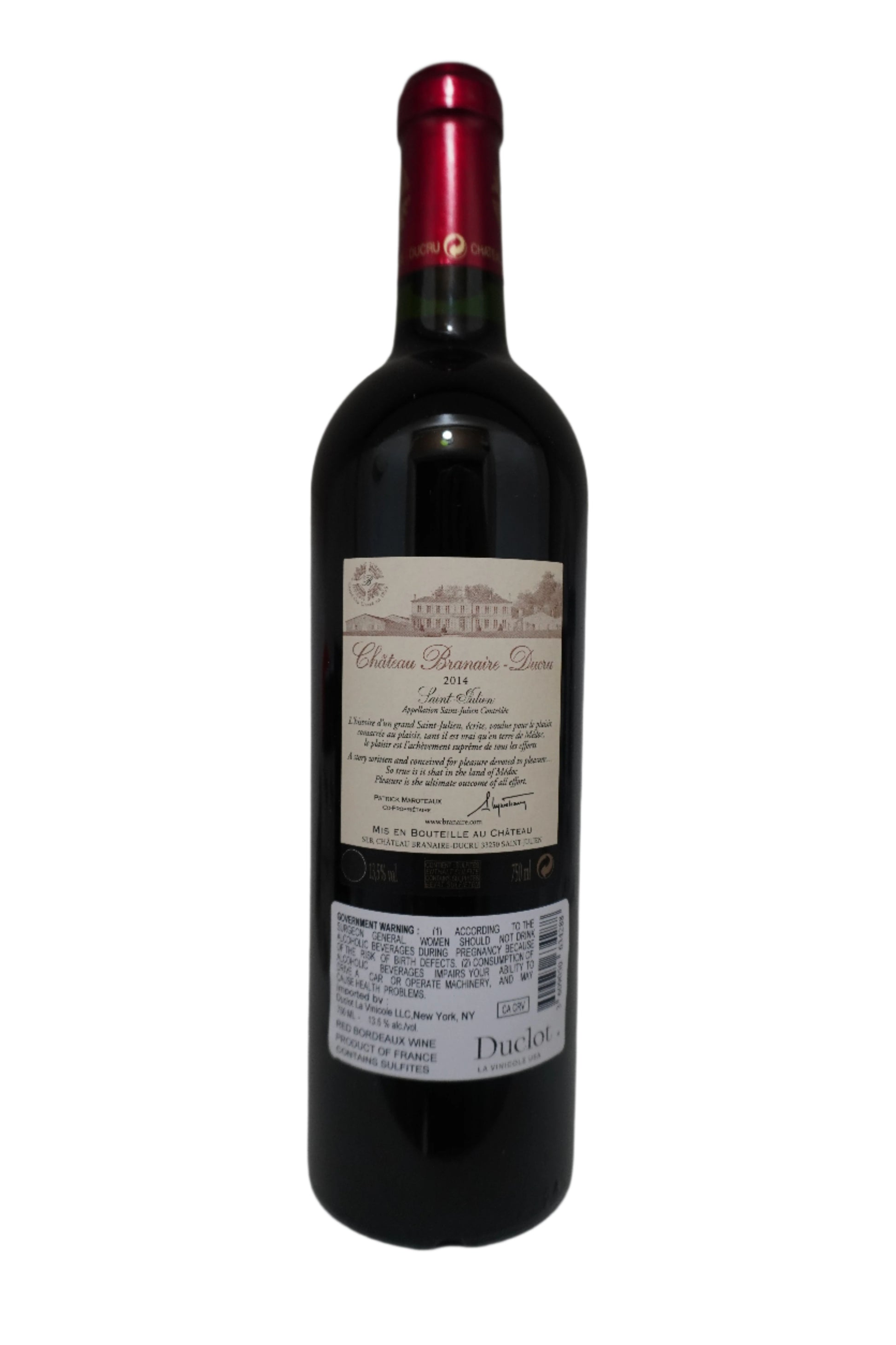 Bottle of Branaire-Ducru 2014 
Margaux, Bordeaux. 3rd Growth classified Chateau Back Label