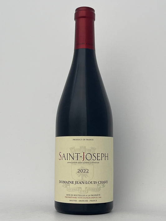 Bottle of Jean Louis Chave, Syrah, Saint-Joseph, Rhone, France 2022 in a white backround.	