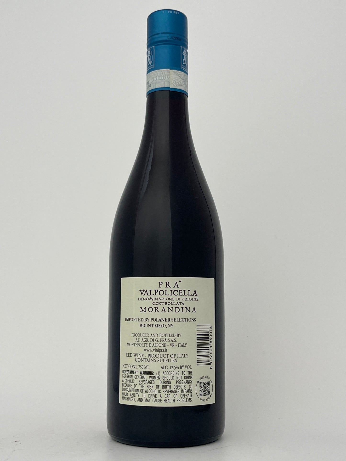 Back label of a bottle of Pra, Corvina, "Morandina," Valpolicella, Veneto, Italy 2023 in a white backround.