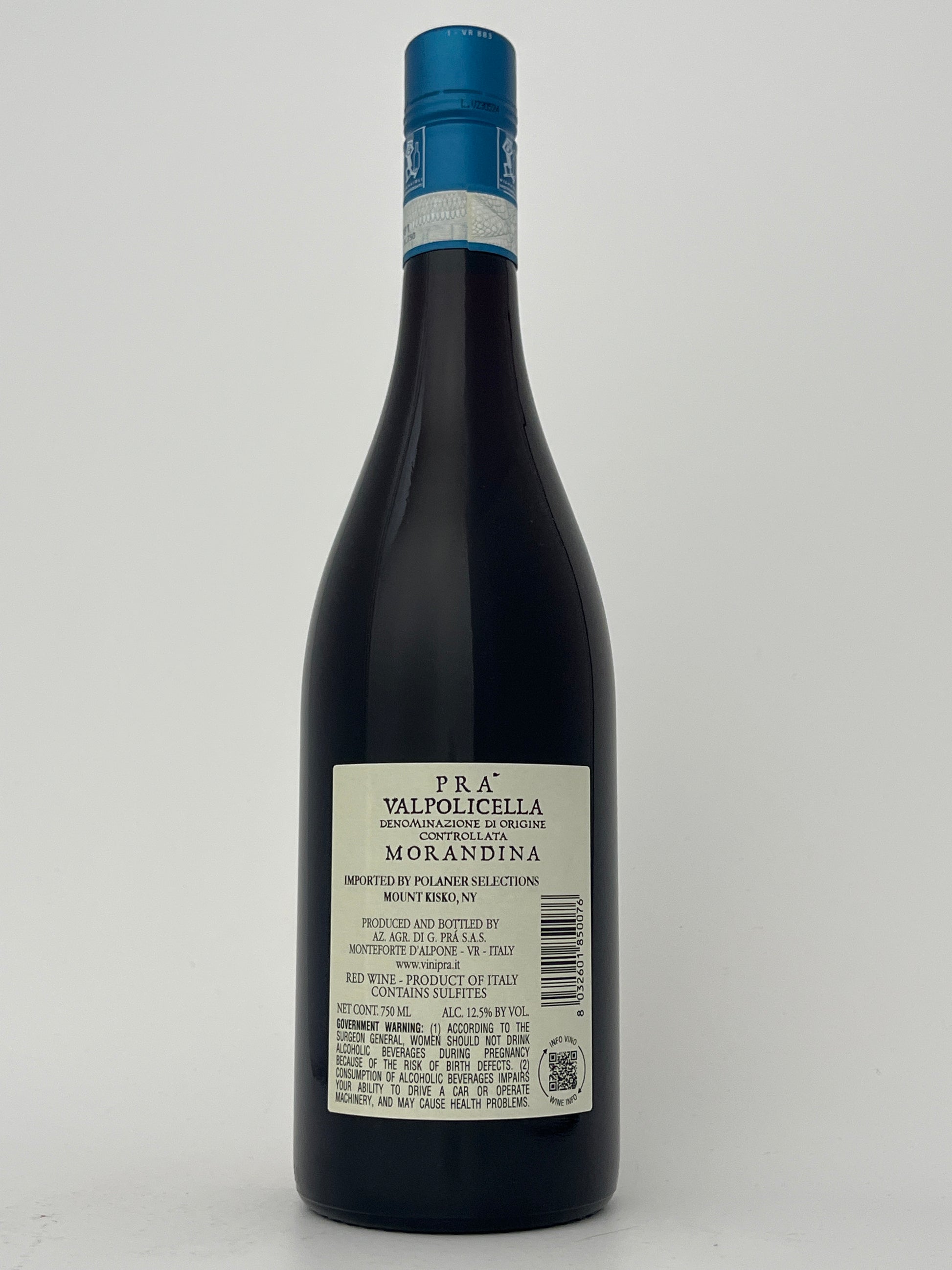 Back label of a bottle of Pra, Corvina, "Morandina," Valpolicella, Veneto, Italy 2023 in a white backround.