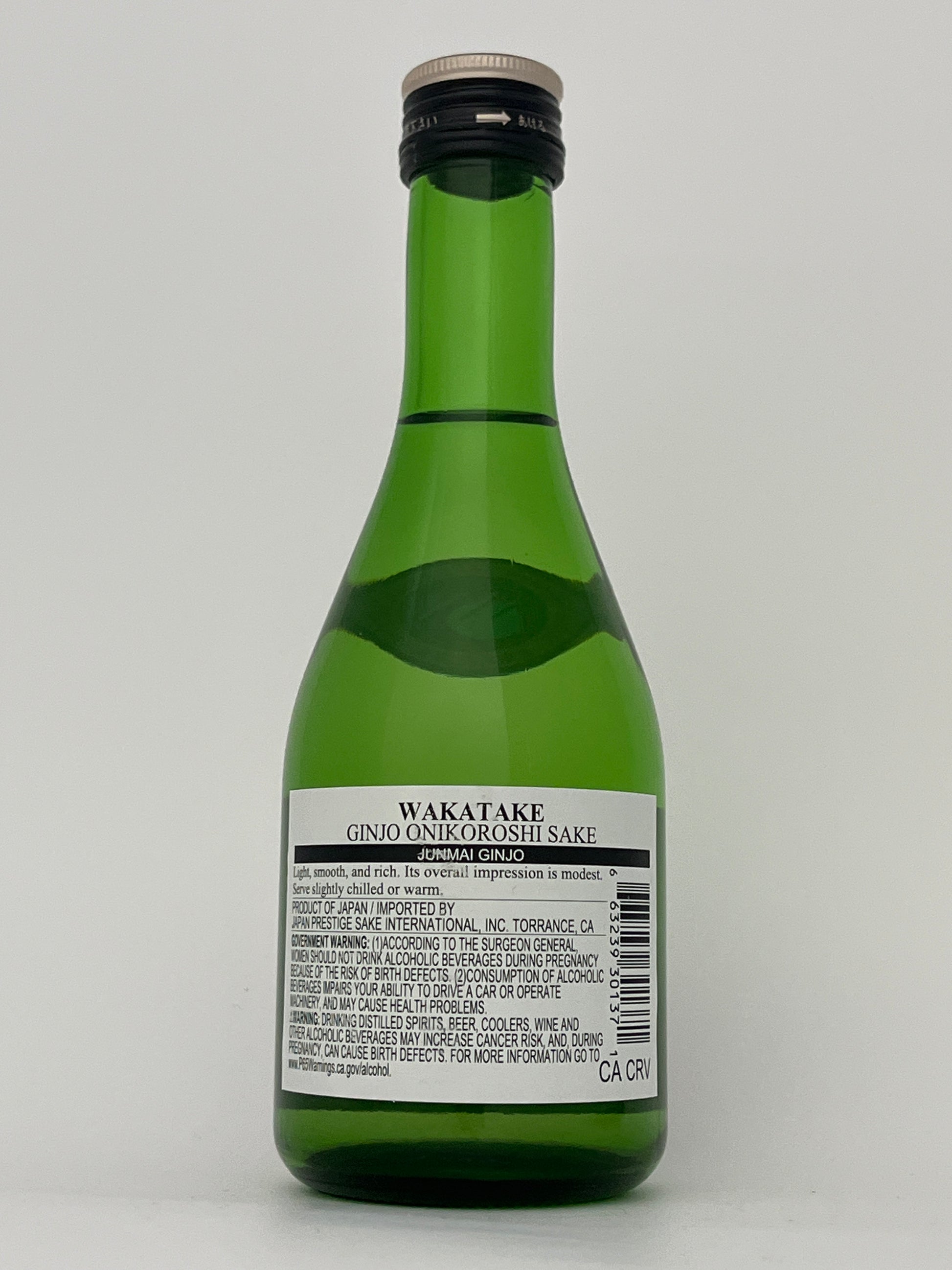 Back label of a bottle of Wakatake Junmai Ginzo "Demon Slayer" (300ml) in a white backround.