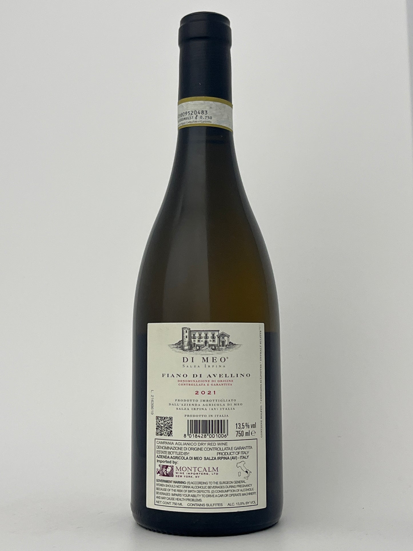 Back label of a bottle of Di Meo, Fiano di Avellino, Campania, Italy 2021 in a white backround.