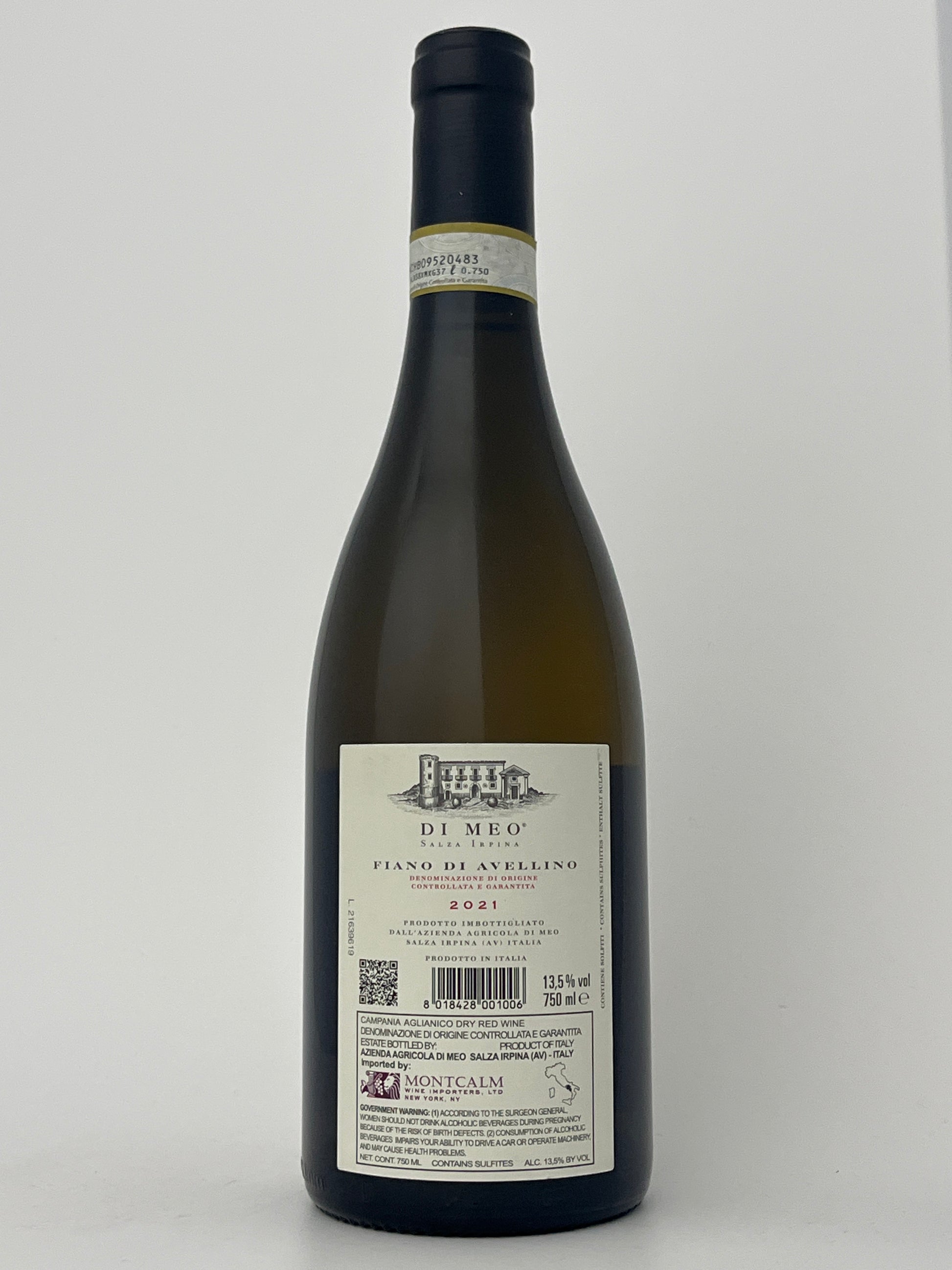 Back label of a bottle of Di Meo, Fiano di Avellino, Campania, Italy 2021 in a white backround.